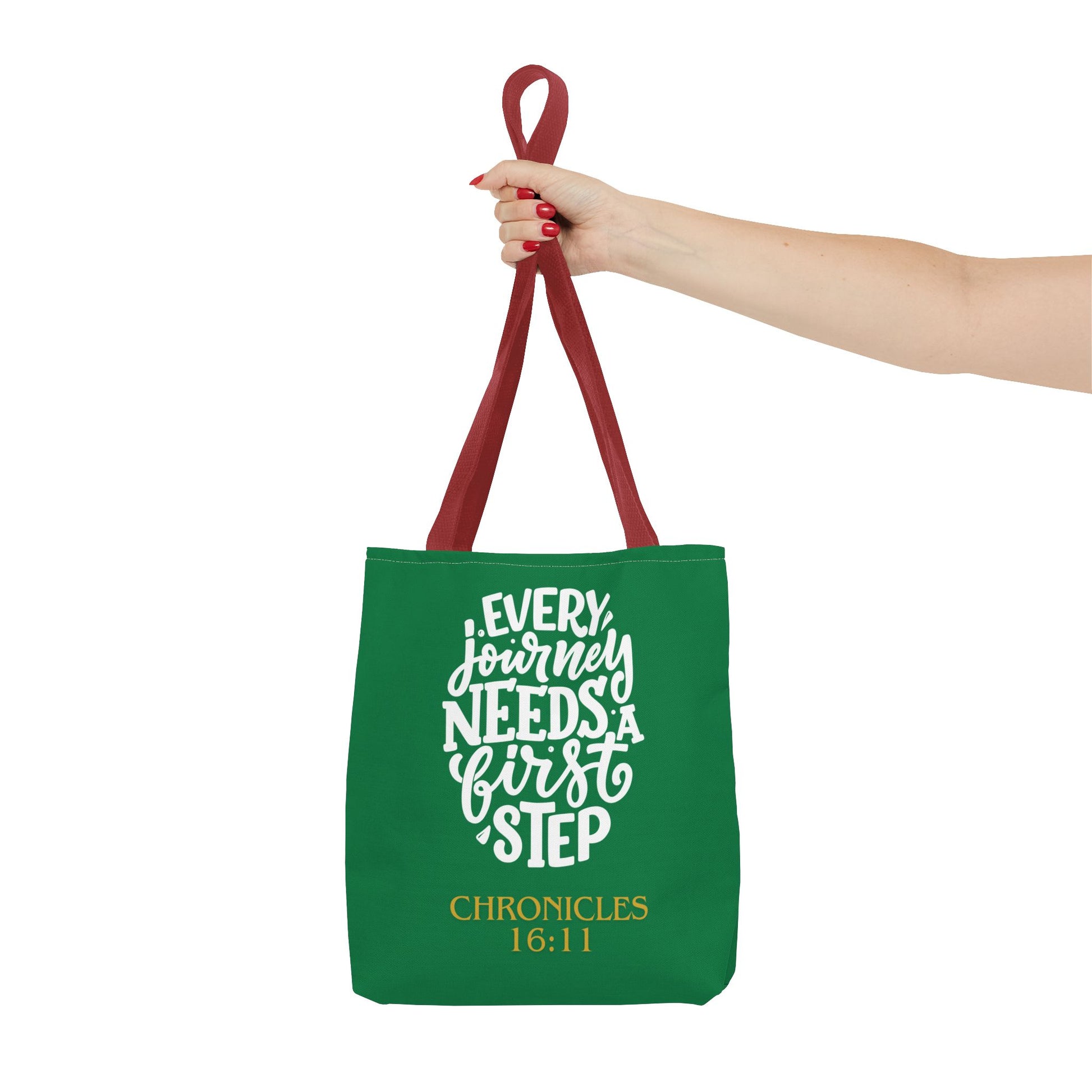 Inspirational Tote Bag - Every Journey Needs a First Step, Motivational Gift, Bible Verse, Green Tote, Everyday Use