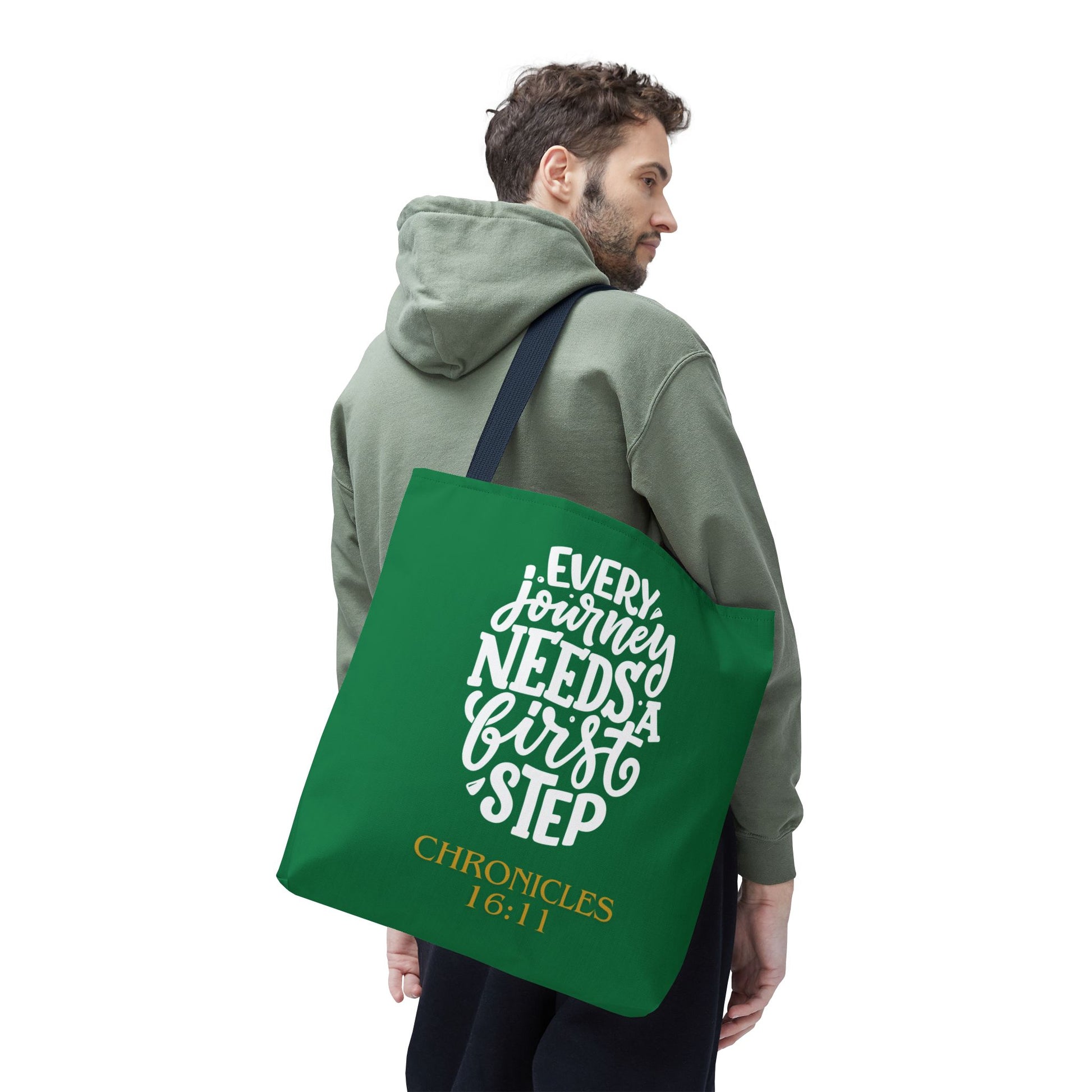 Inspirational Tote Bag - Every Journey Needs a First Step, Motivational Gift, Bible Verse, Green Tote, Everyday Use