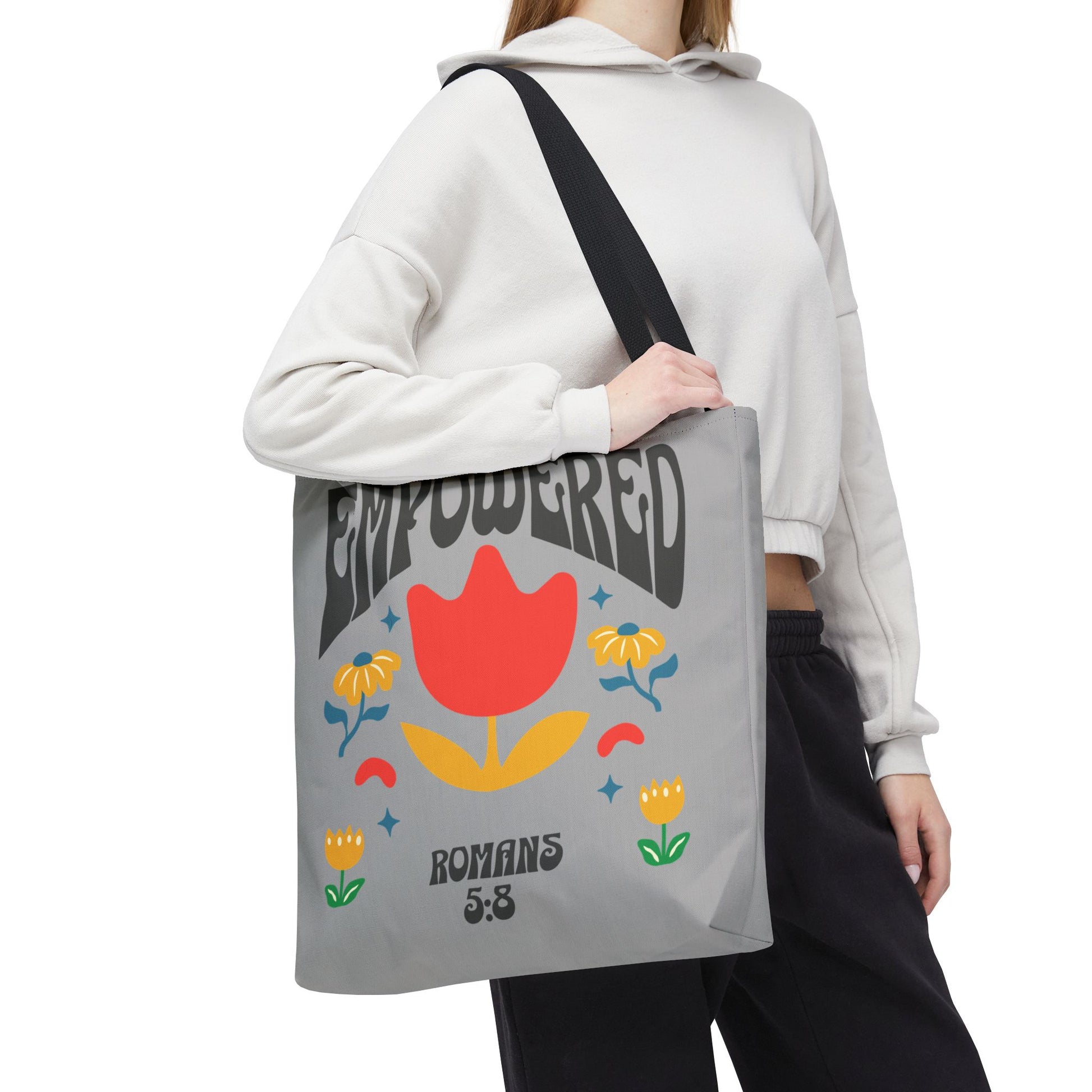 Empowered Floral Tote Bag | Inspirational Canvas Bag for Everyday | Romans 5:8 | Gift for Women, Motivational, Church, Travel