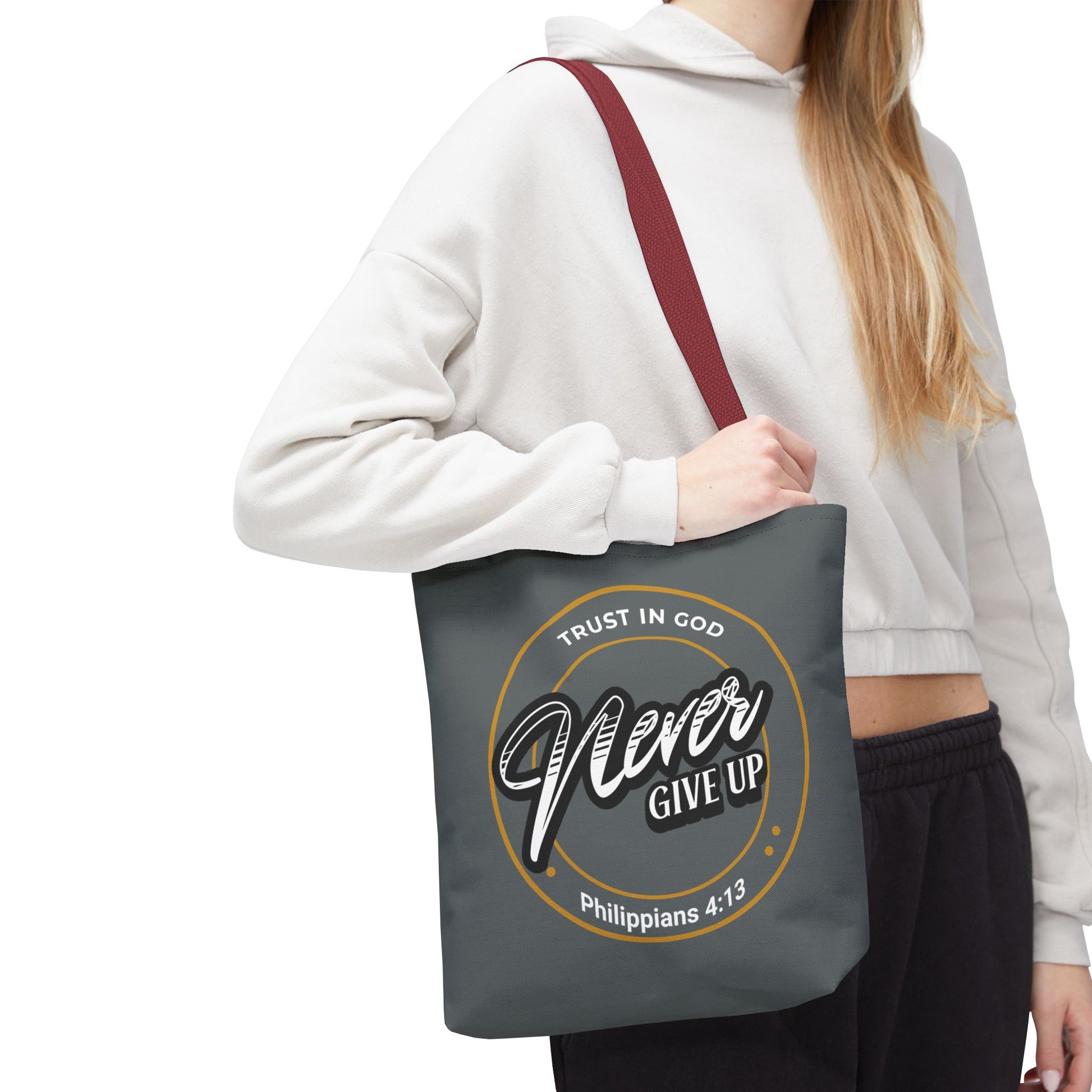 Inspirational Tote Bag, Trust in God, Never Give Up, Bible Verse Bag, Motivational Purse, Christian Gift, Philippians 4:13