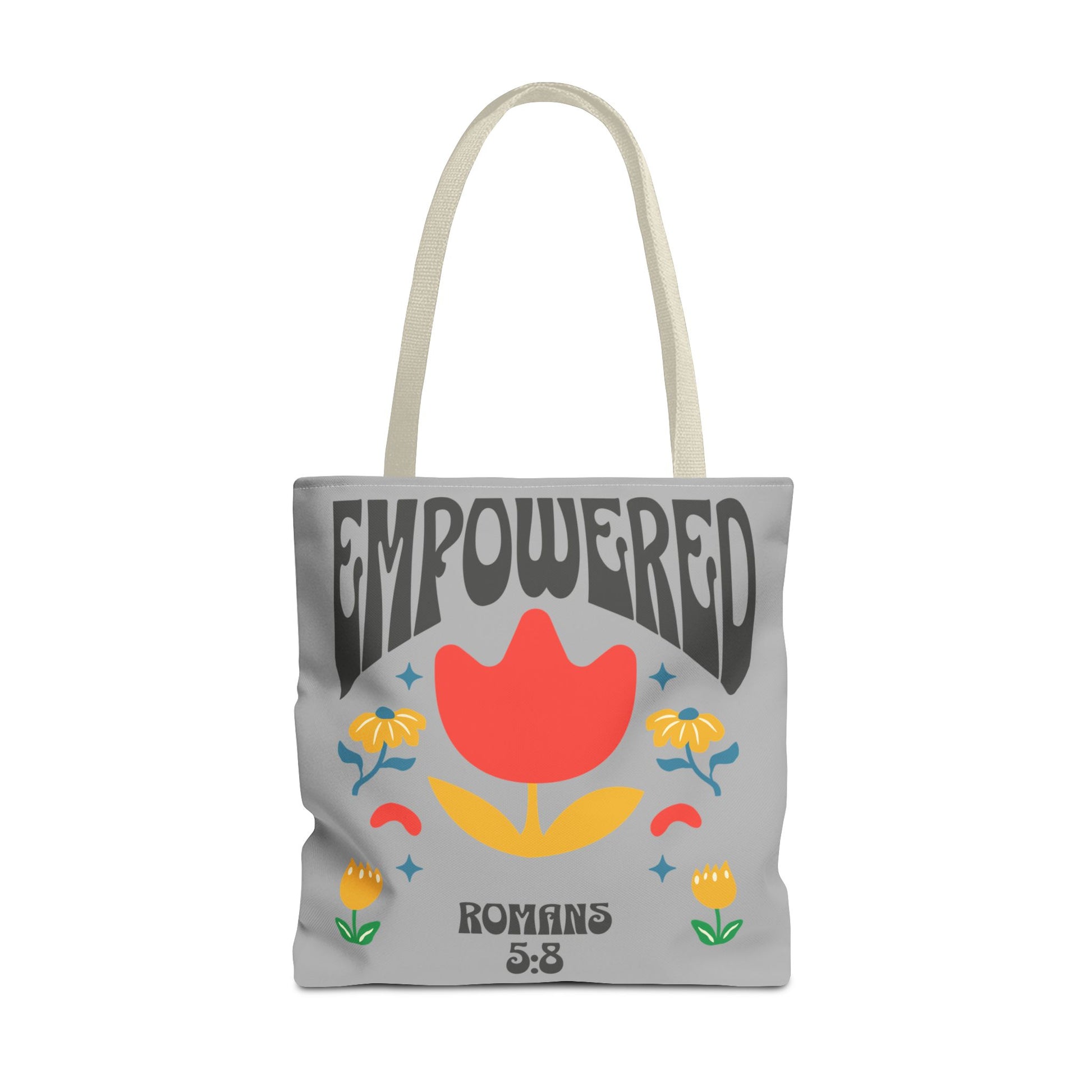Empowered Floral Tote Bag | Inspirational Canvas Bag for Everyday | Romans 5:8 | Gift for Women, Motivational, Church, Travel