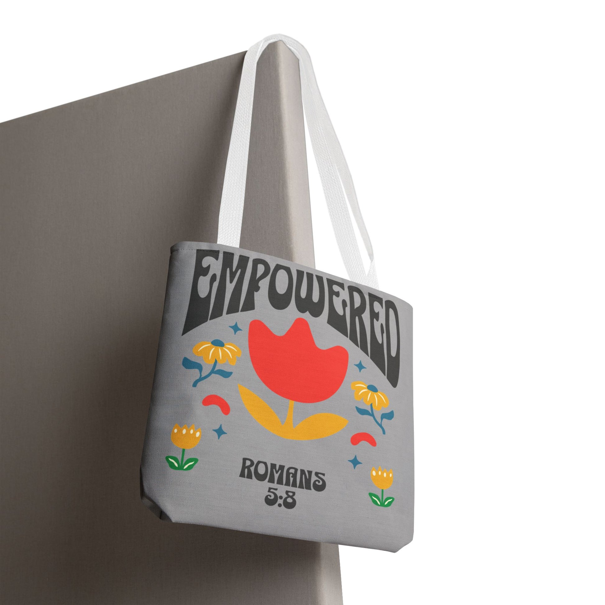 Empowered Floral Tote Bag | Inspirational Canvas Bag for Everyday | Romans 5:8 | Gift for Women, Motivational, Church, Travel