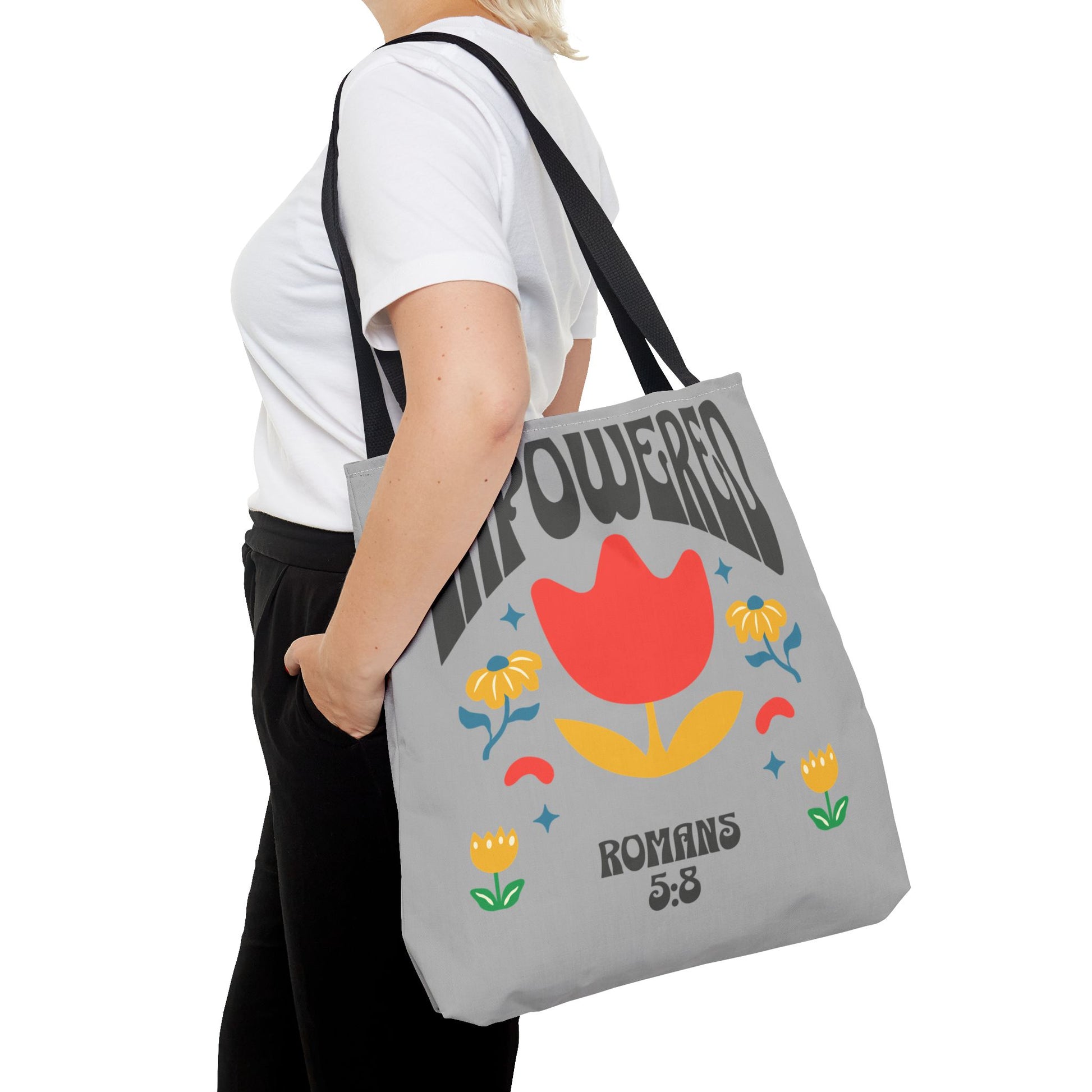 Empowered Floral Tote Bag | Inspirational Canvas Bag for Everyday | Romans 5:8 | Gift for Women, Motivational, Church, Travel