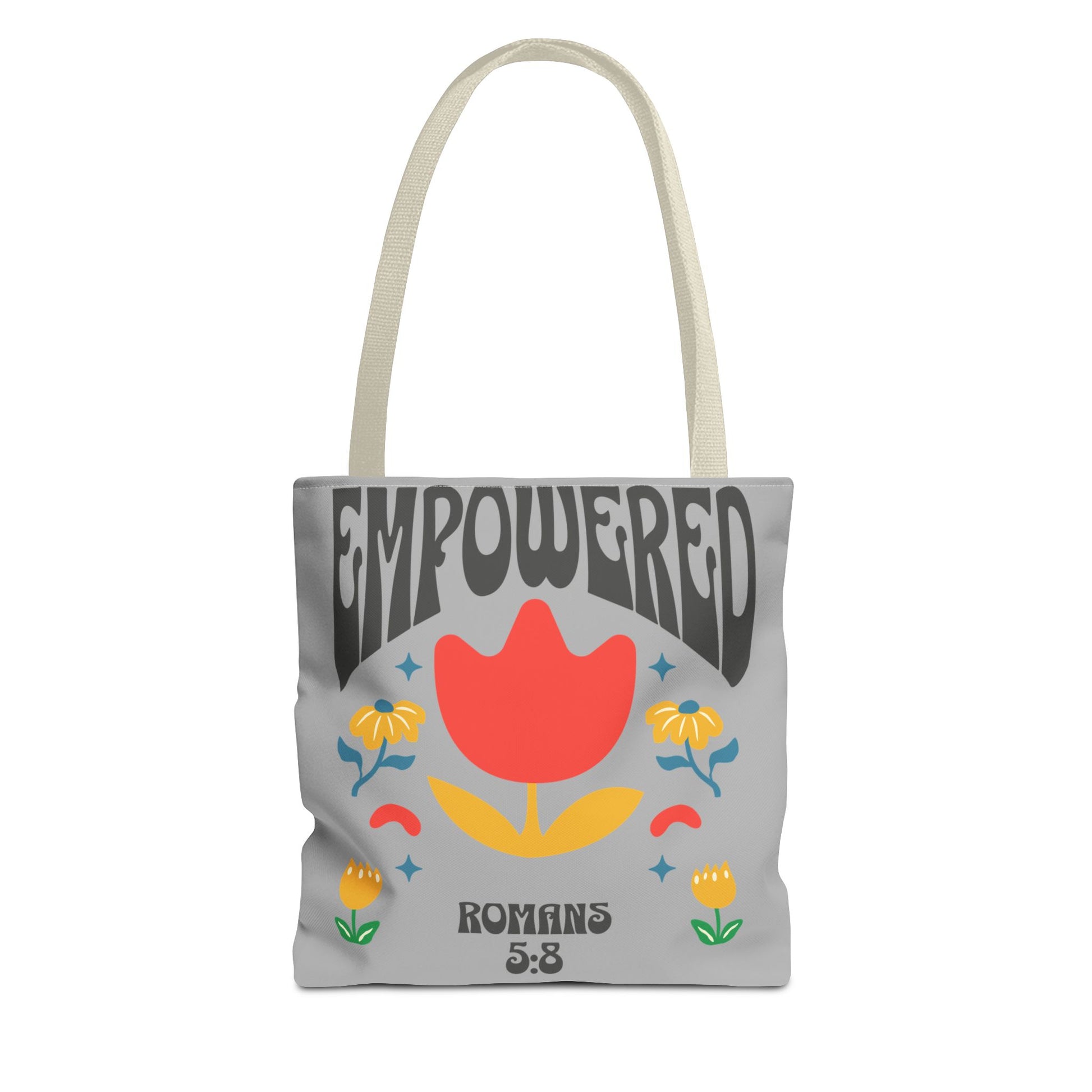 Empowered Floral Tote Bag | Inspirational Canvas Bag for Everyday | Romans 5:8 | Gift for Women, Motivational, Church, Travel