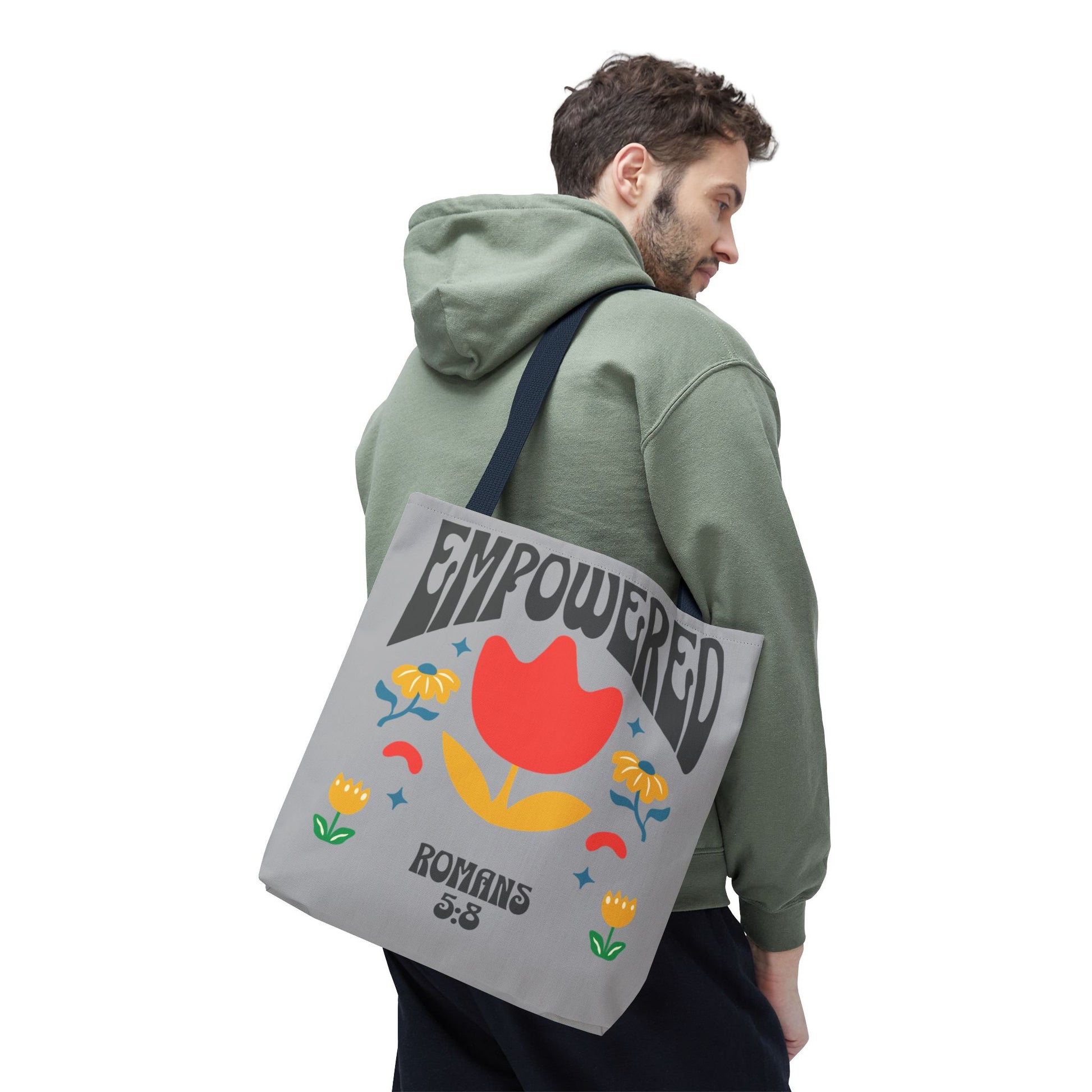 Empowered Floral Tote Bag | Inspirational Canvas Bag for Everyday | Romans 5:8 | Gift for Women, Motivational, Church, Travel
