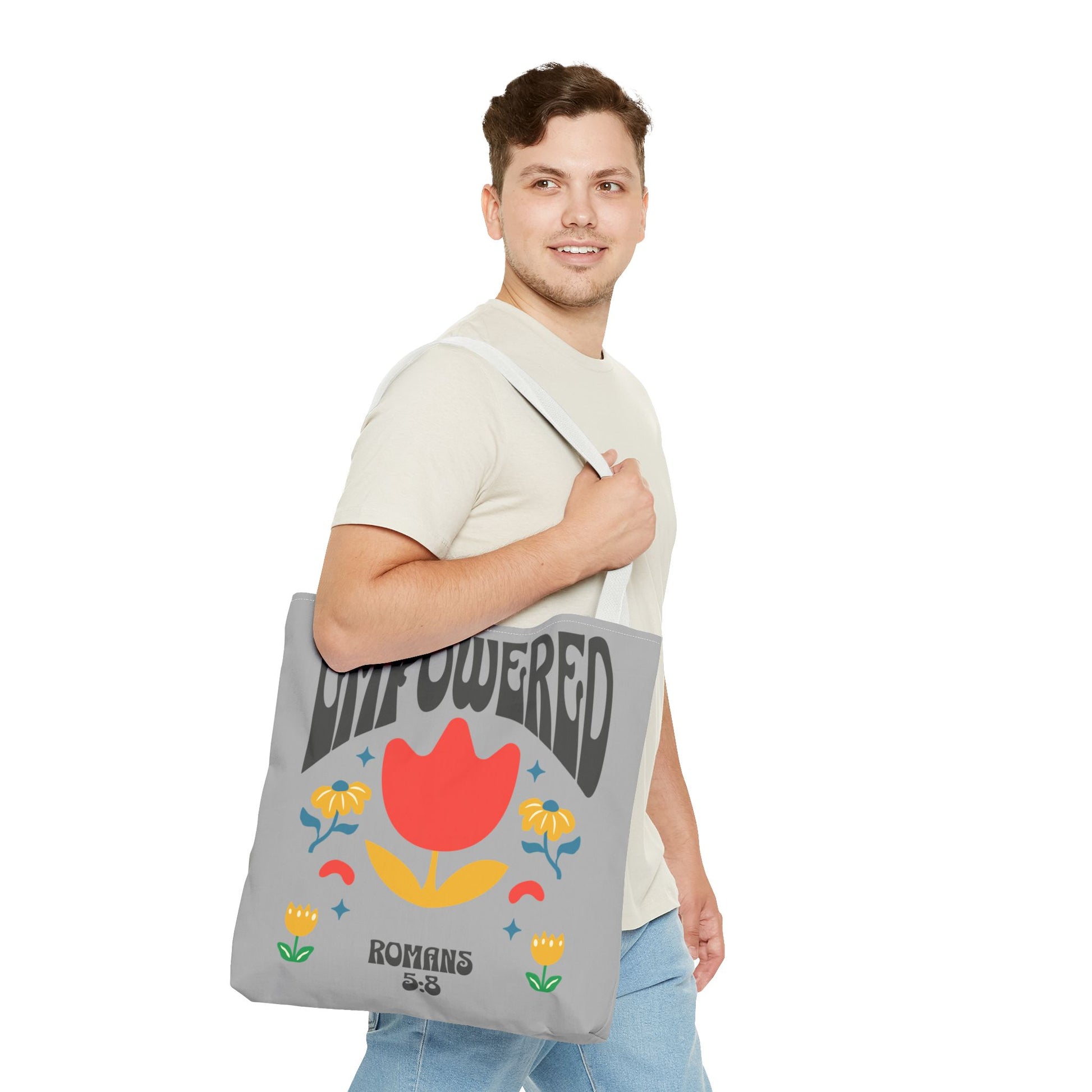 Empowered Floral Tote Bag | Inspirational Canvas Bag for Everyday | Romans 5:8 | Gift for Women, Motivational, Church, Travel
