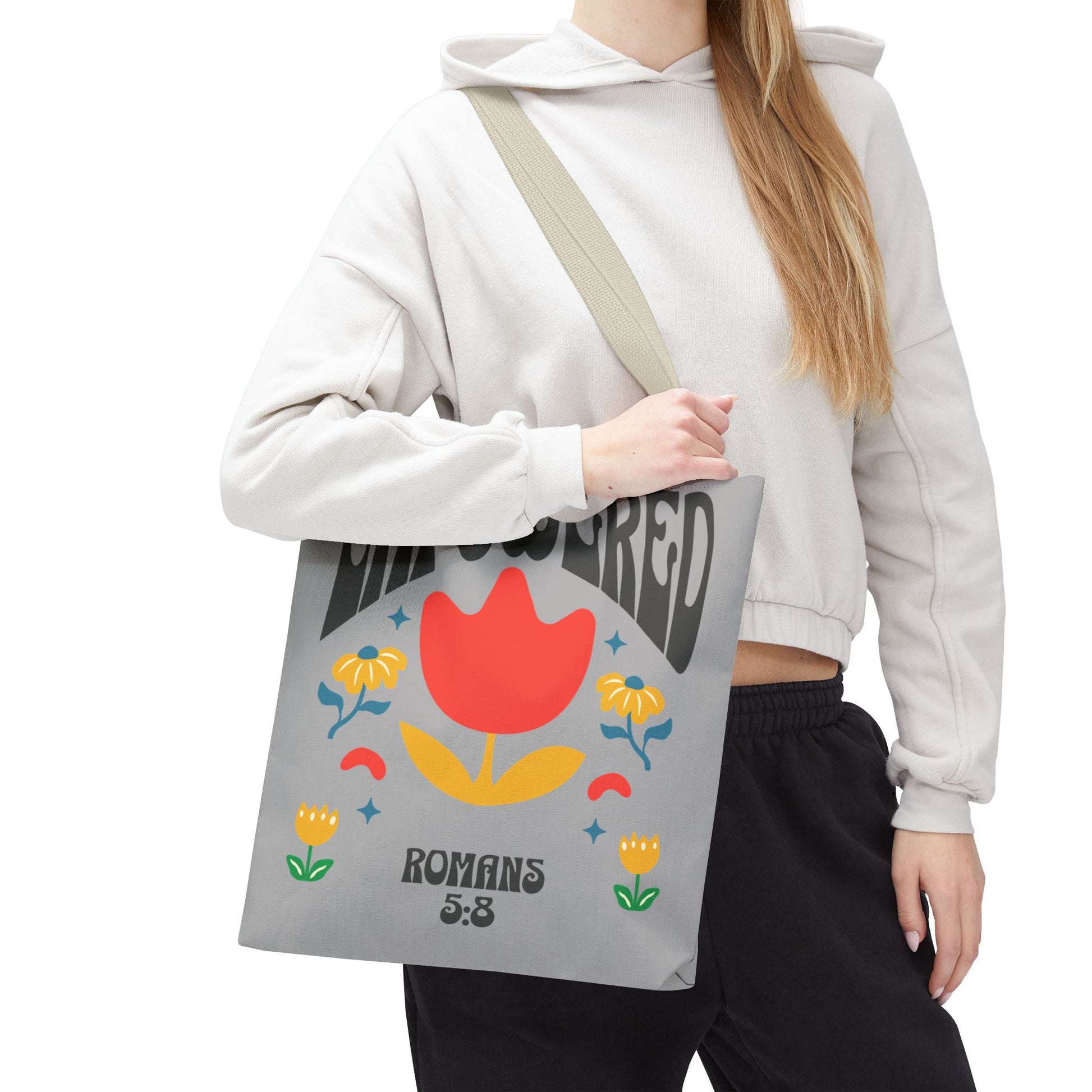 Empowered Floral Tote Bag | Inspirational Canvas Bag for Everyday | Romans 5:8 | Gift for Women, Motivational, Church, Travel