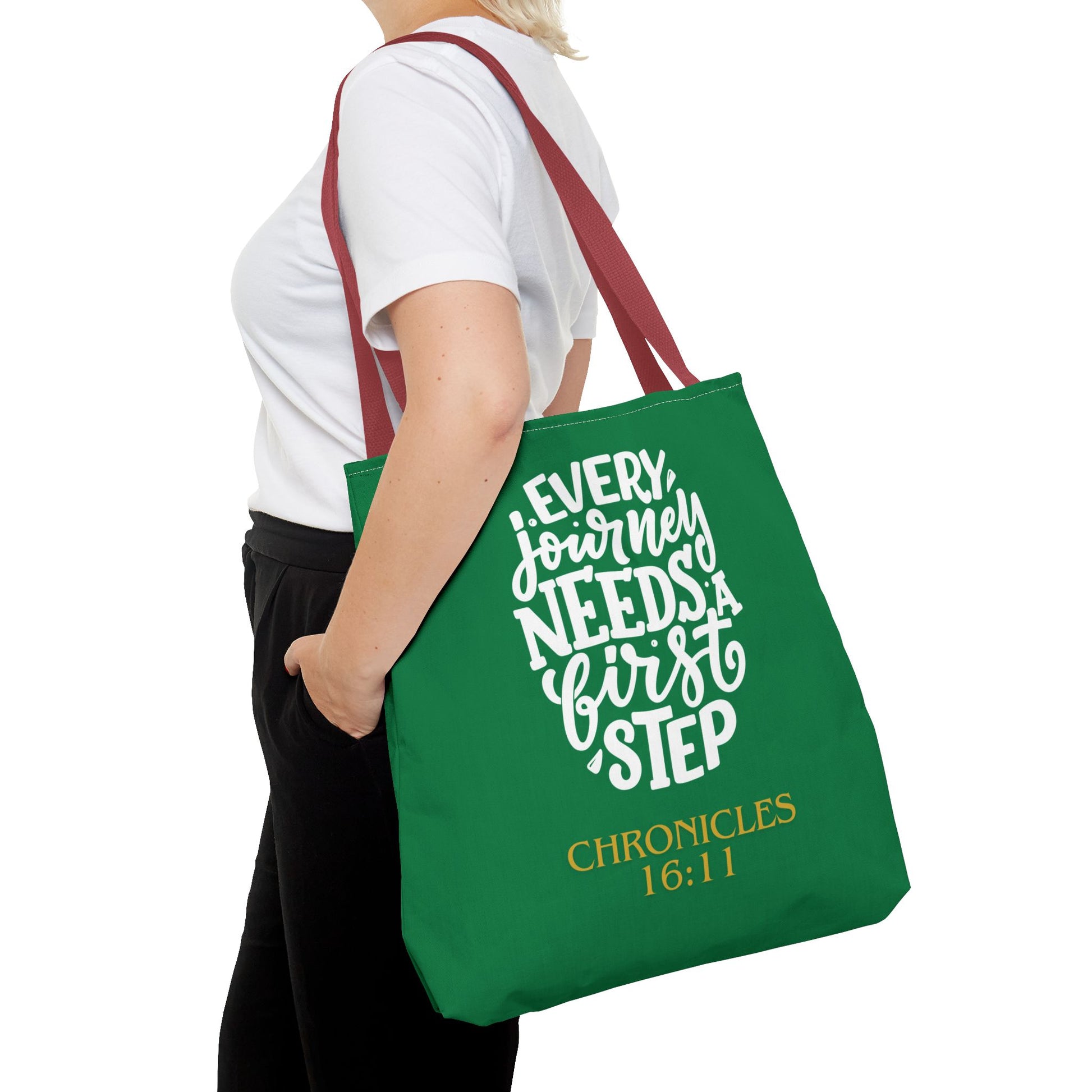 Inspirational Tote Bag - Every Journey Needs a First Step, Motivational Gift, Bible Verse, Green Tote, Everyday Use