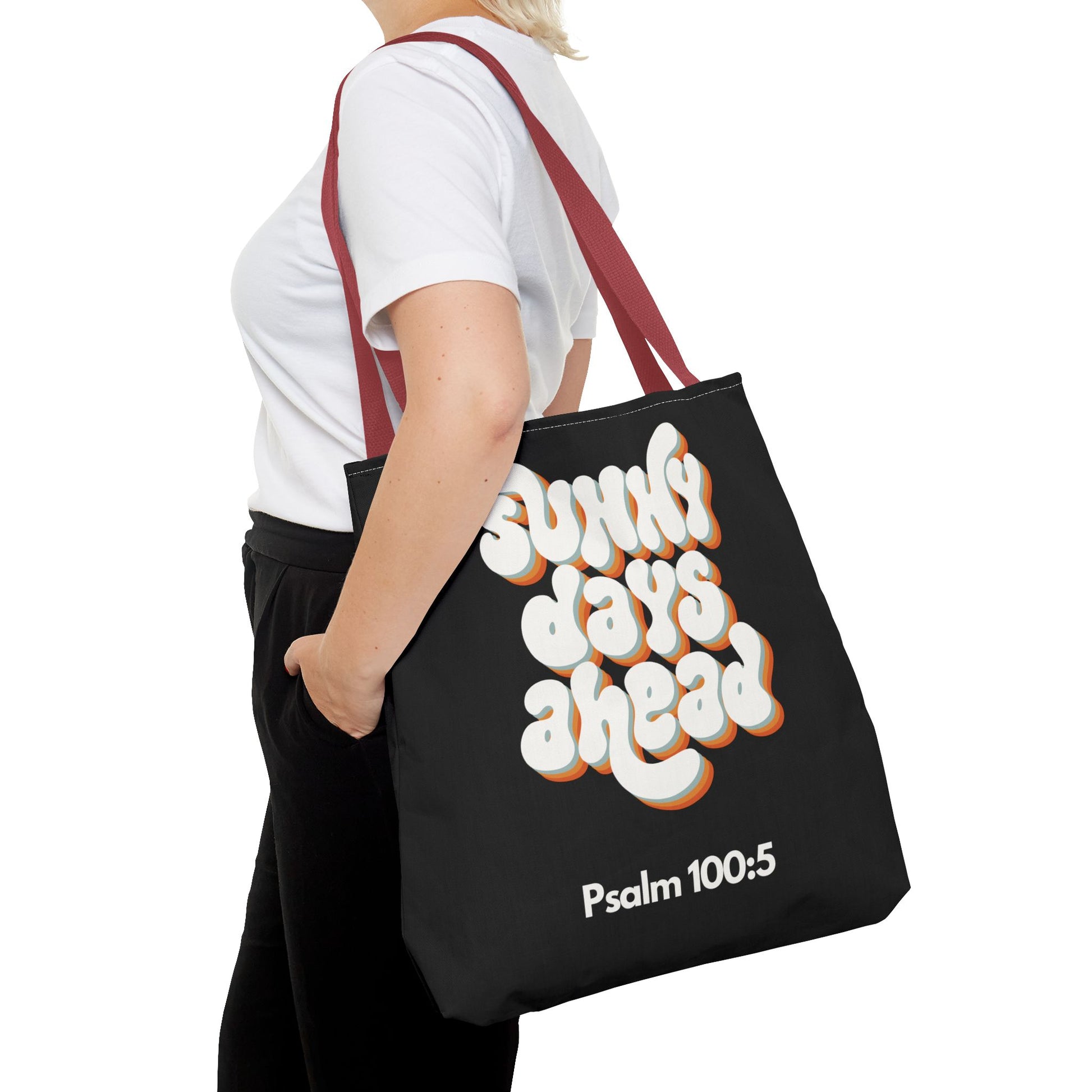 Sunny Days Ahead Tote Bag | Inspirational Tote for Everyday Use, Gift for Friends, Bible Verse Bag, Stylish Black Tote, Psalm 100:5