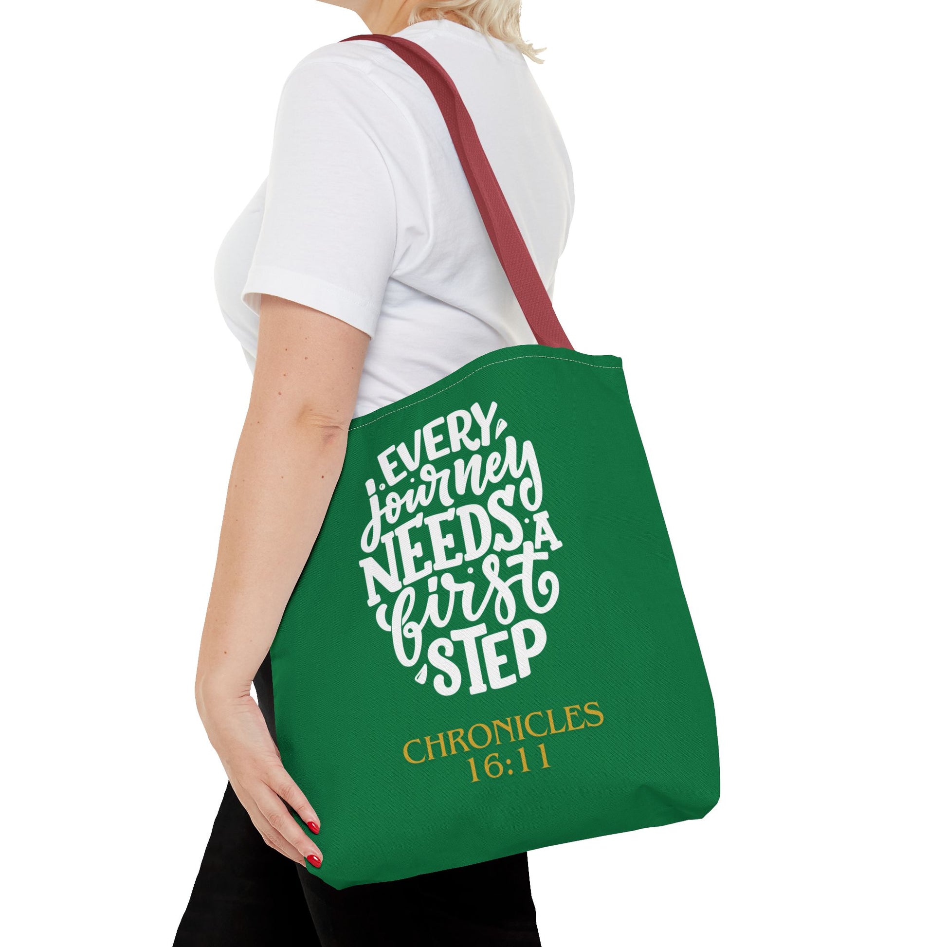 Inspirational Tote Bag - Every Journey Needs a First Step, Motivational Gift, Bible Verse, Green Tote, Everyday Use