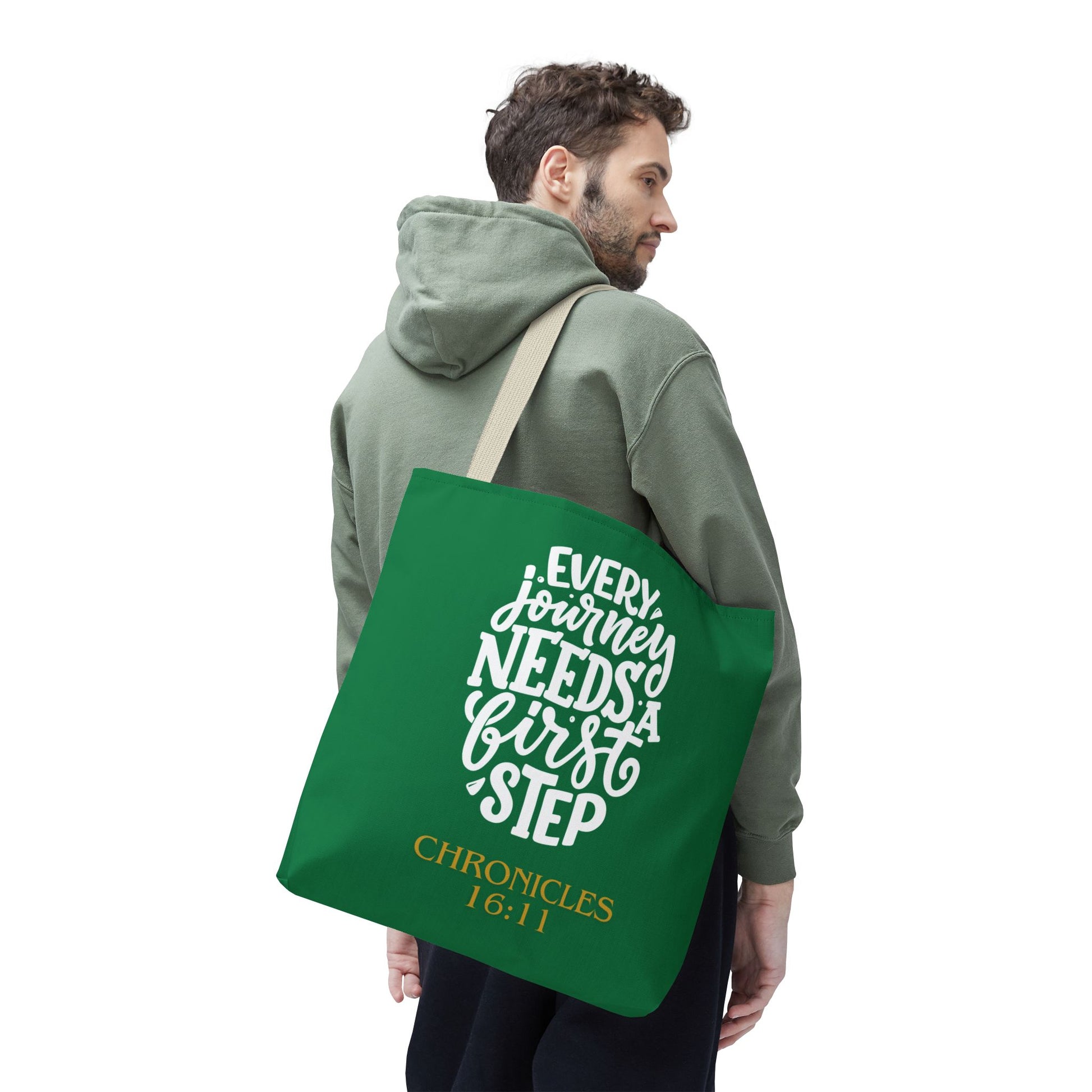 Inspirational Tote Bag - Every Journey Needs a First Step, Motivational Gift, Bible Verse, Green Tote, Everyday Use