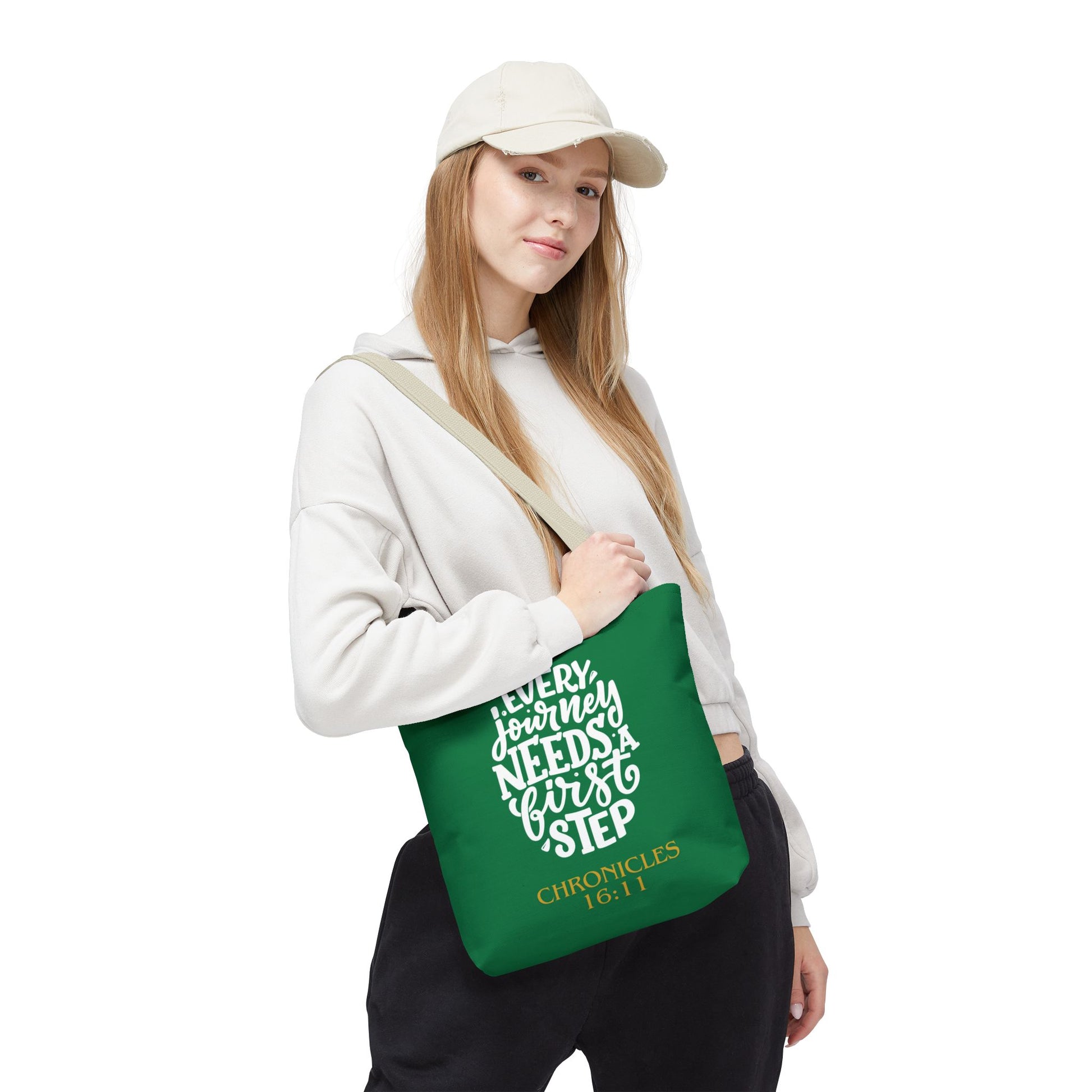 Inspirational Tote Bag - Every Journey Needs a First Step, Motivational Gift, Bible Verse, Green Tote, Everyday Use