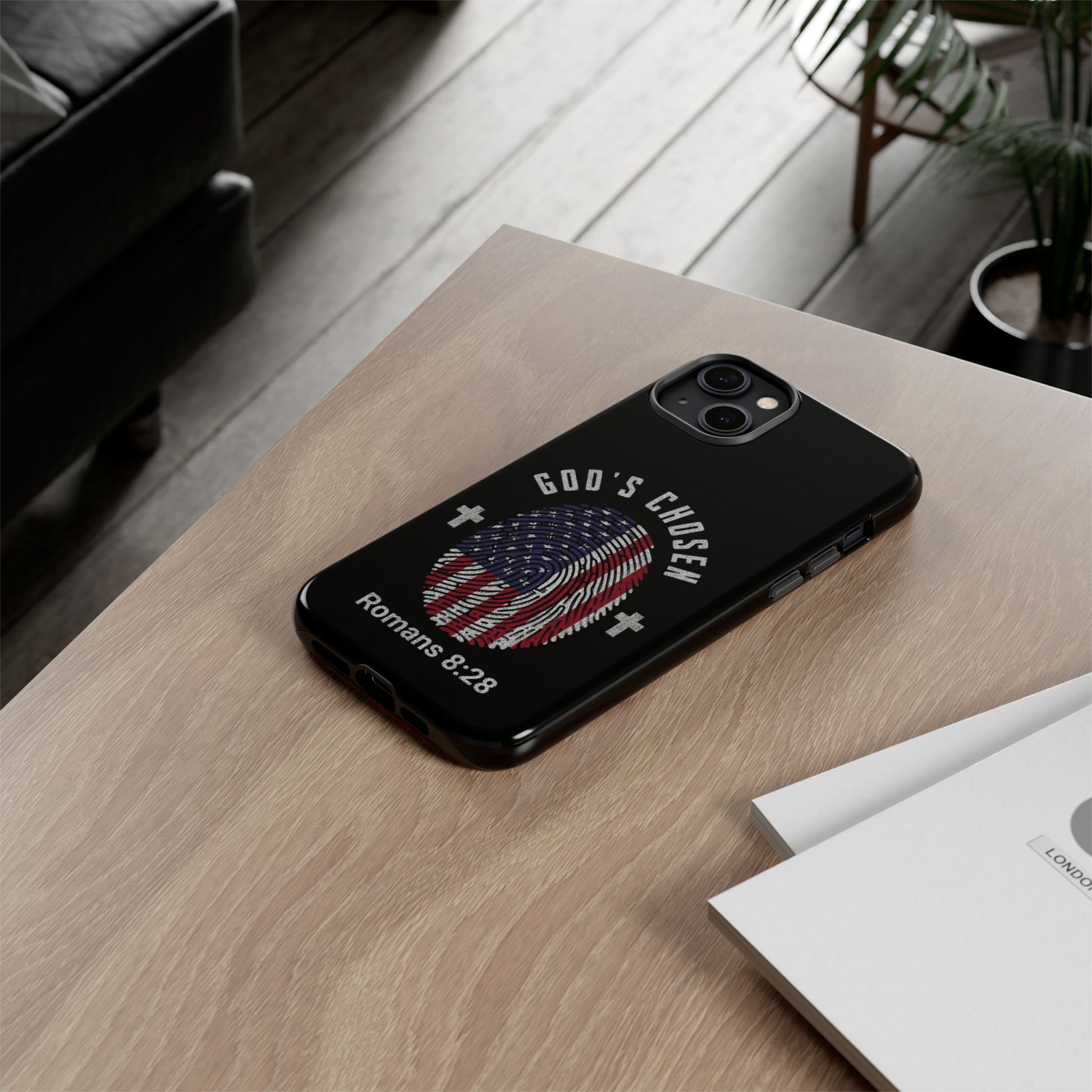 Christian Phone Case, Tough Cases for God’s Chosen, USA Flag Design, Inspirational Gift, Romans 8:28