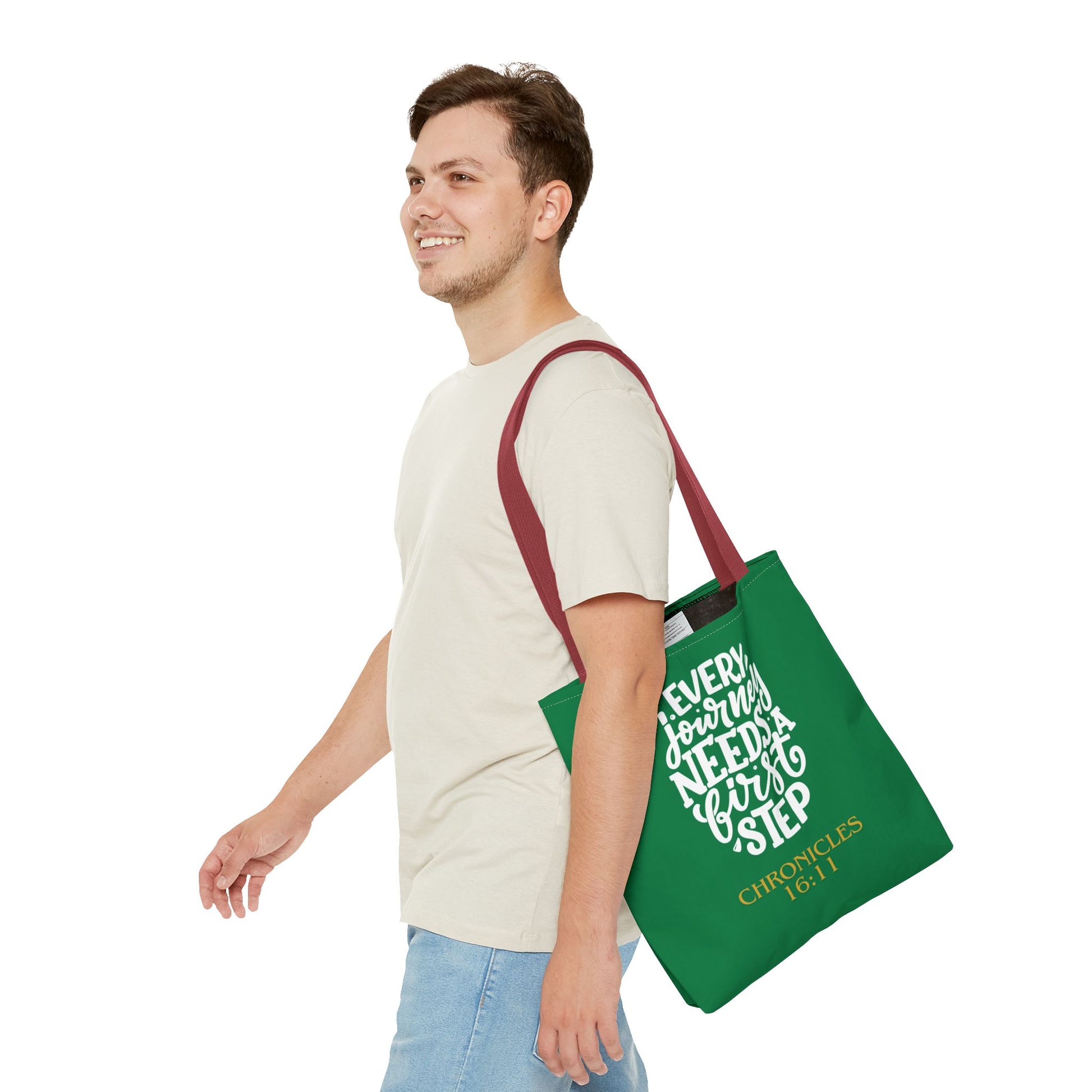 Inspirational Tote Bag - Every Journey Needs a First Step, Motivational Gift, Bible Verse, Green Tote, Everyday Use