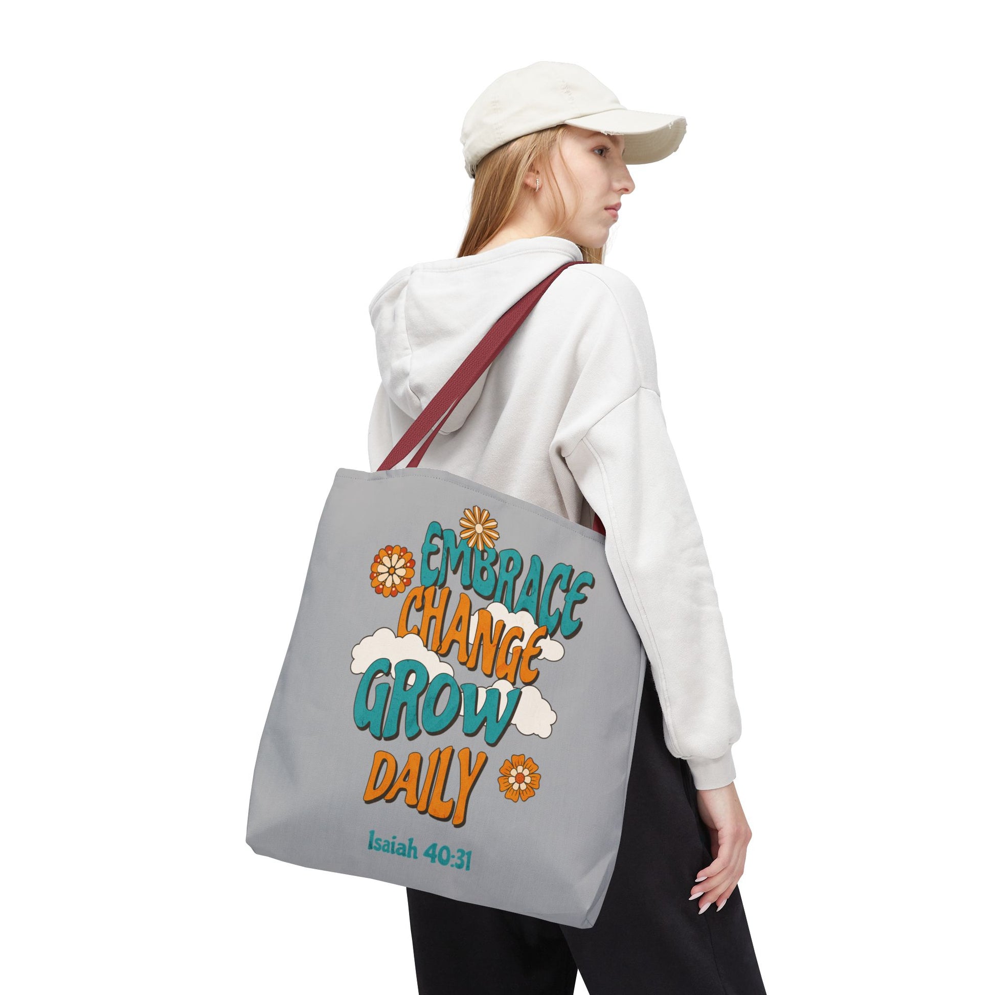 Inspirational Tote Bag, Motivational Bag, Embrace Change Gift, Daily Growth Tote, Christian Quotes Accessory