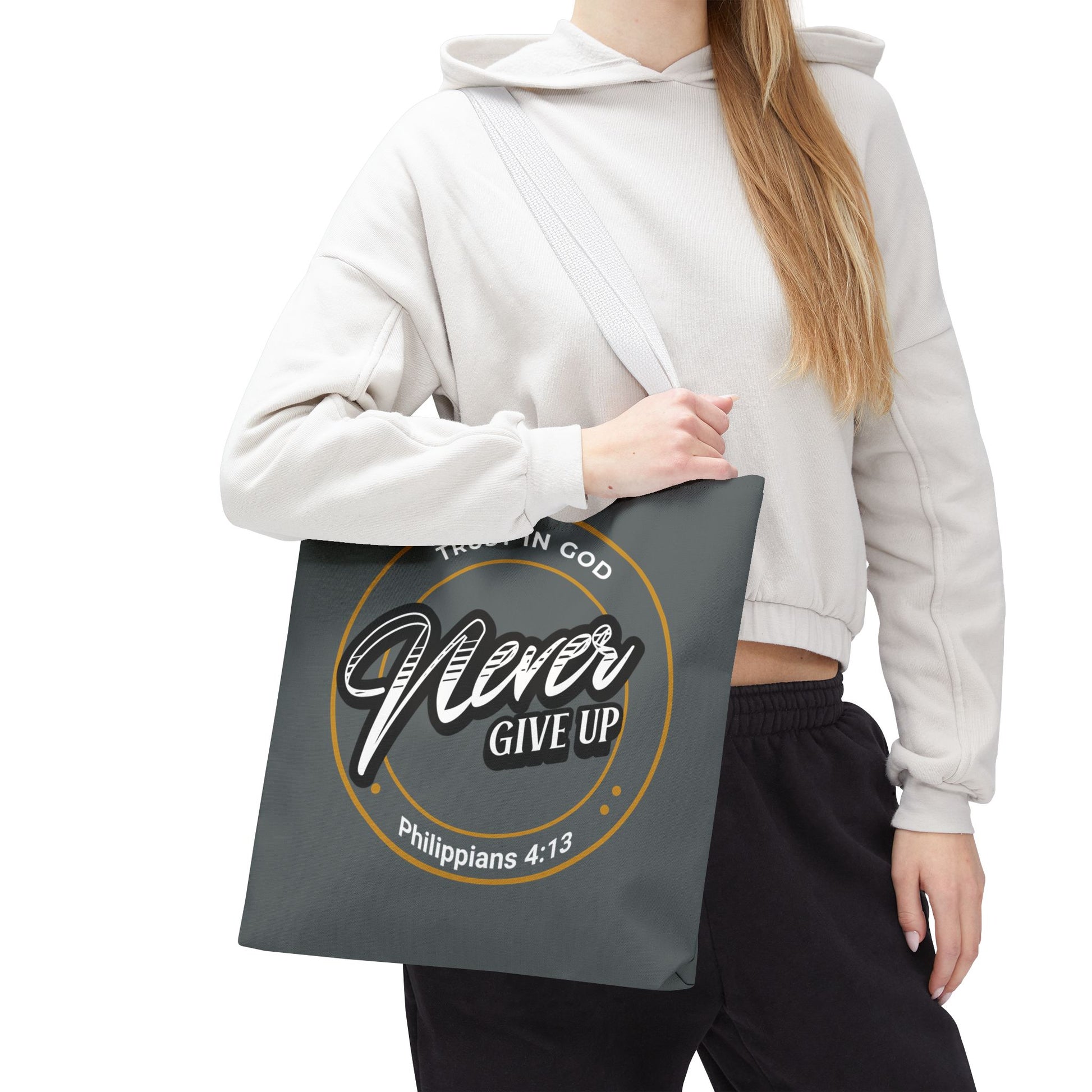 Inspirational Tote Bag, Trust in God, Never Give Up, Bible Verse Bag, Motivational Purse, Christian Gift, Philippians 4:13