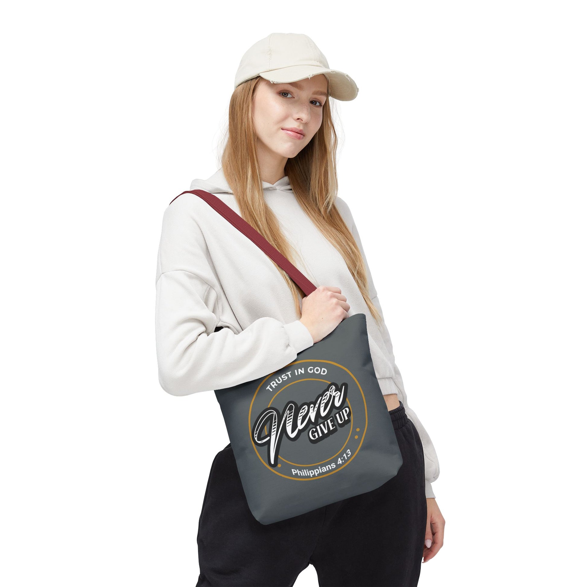 Inspirational Tote Bag, Trust in God, Never Give Up, Bible Verse Bag, Motivational Purse, Christian Gift, Philippians 4:13