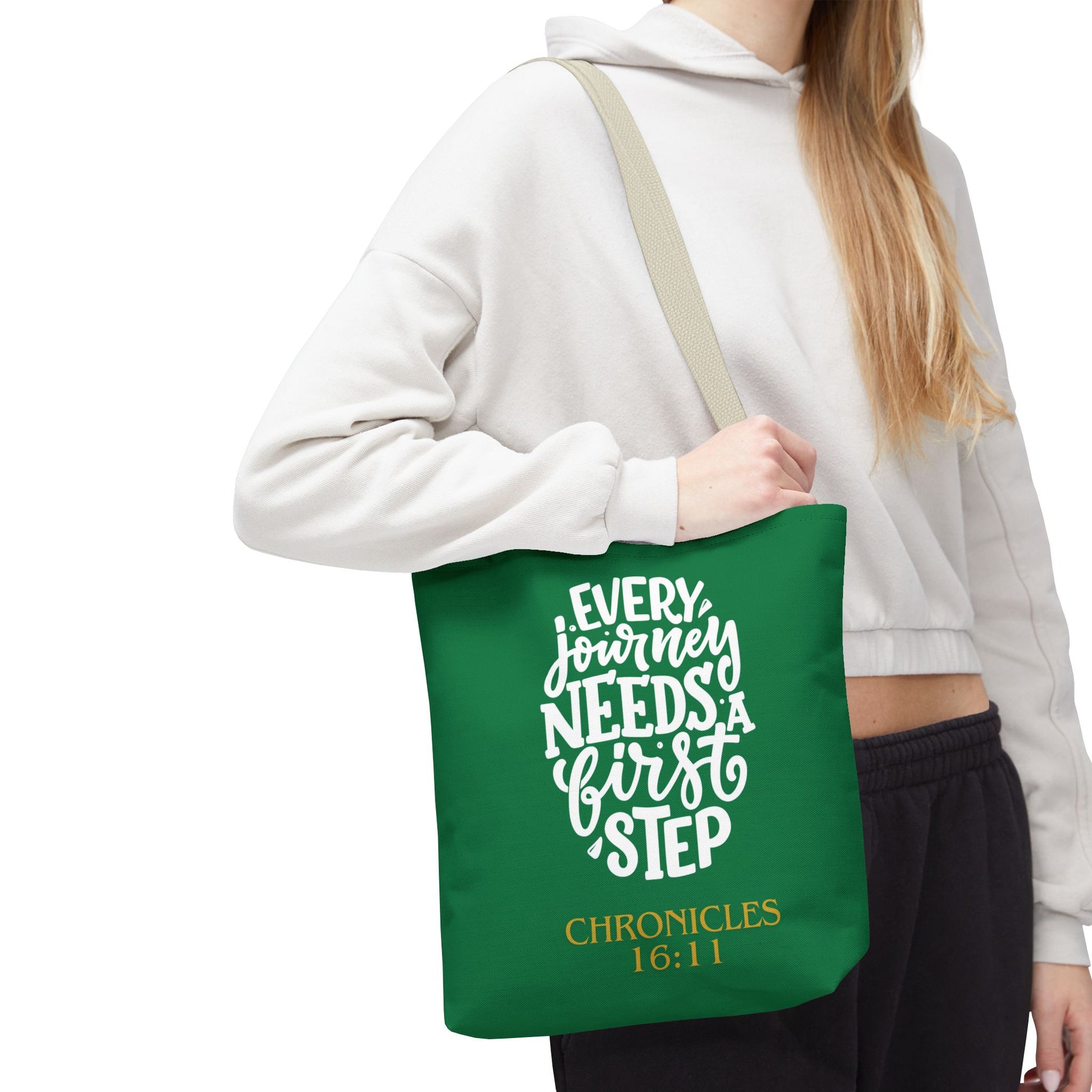 Inspirational Tote Bag - Every Journey Needs a First Step, Motivational Gift, Bible Verse, Green Tote, Everyday Use