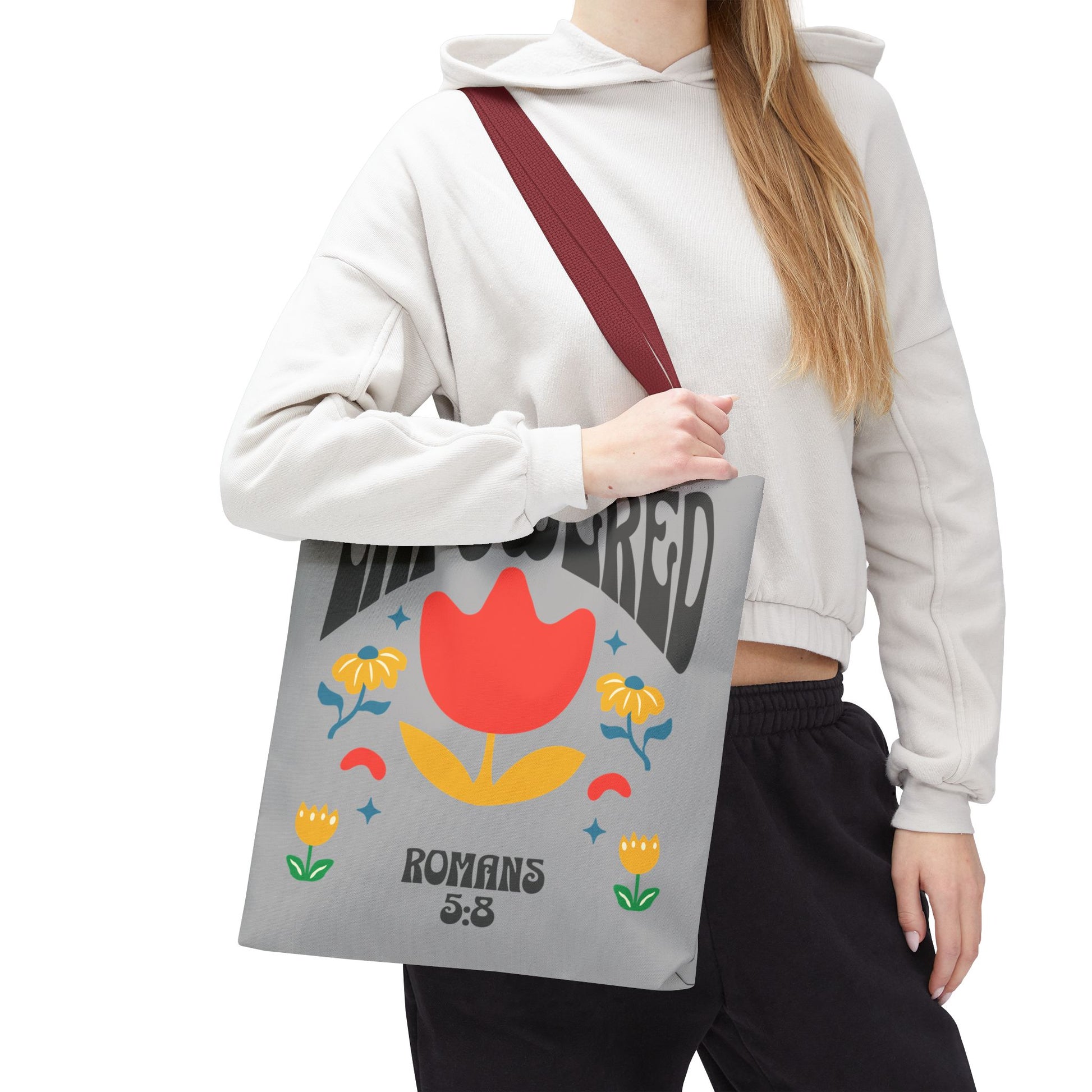 Empowered Floral Tote Bag | Inspirational Canvas Bag for Everyday | Romans 5:8 | Gift for Women, Motivational, Church, Travel