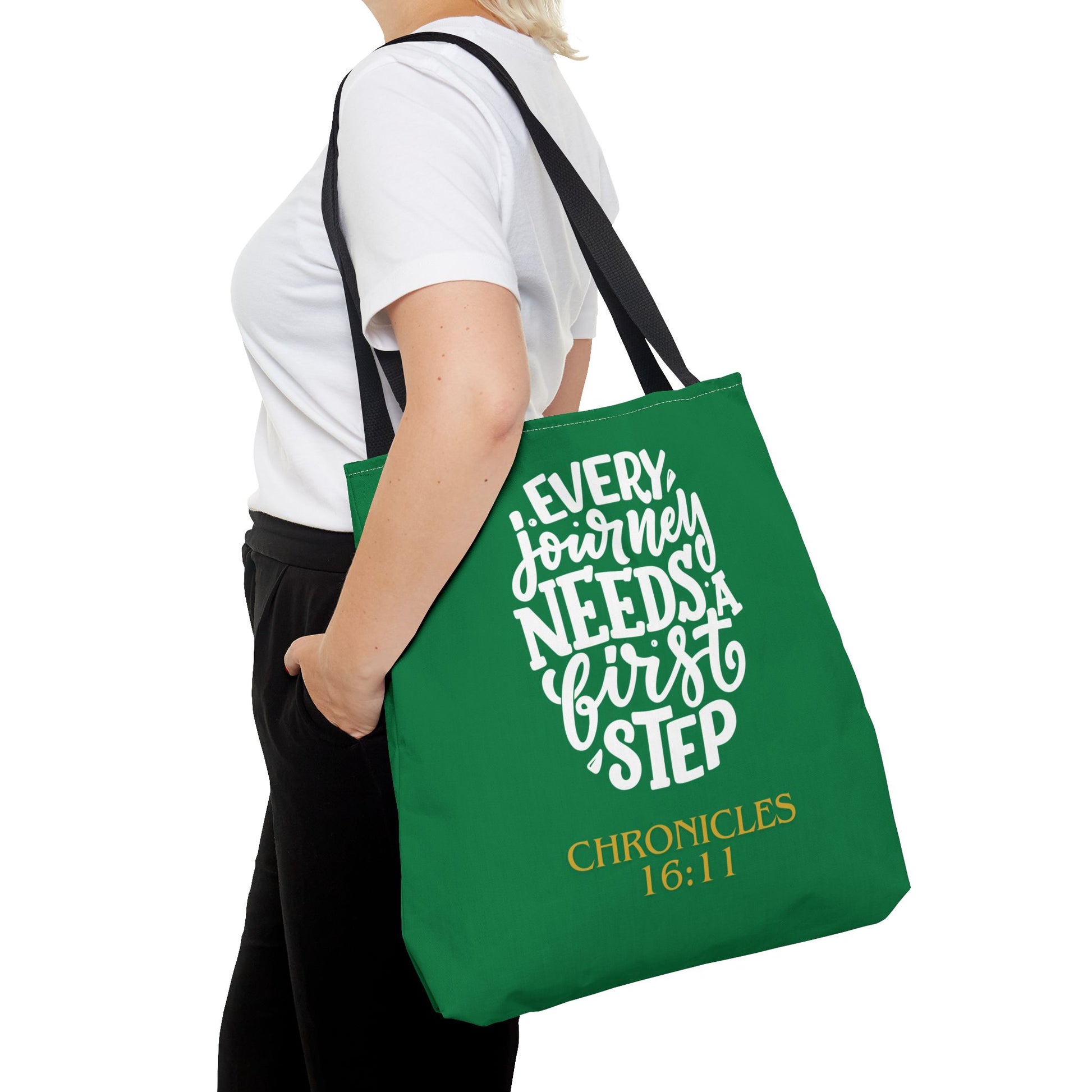 Inspirational Tote Bag - Every Journey Needs a First Step, Motivational Gift, Bible Verse, Green Tote, Everyday Use