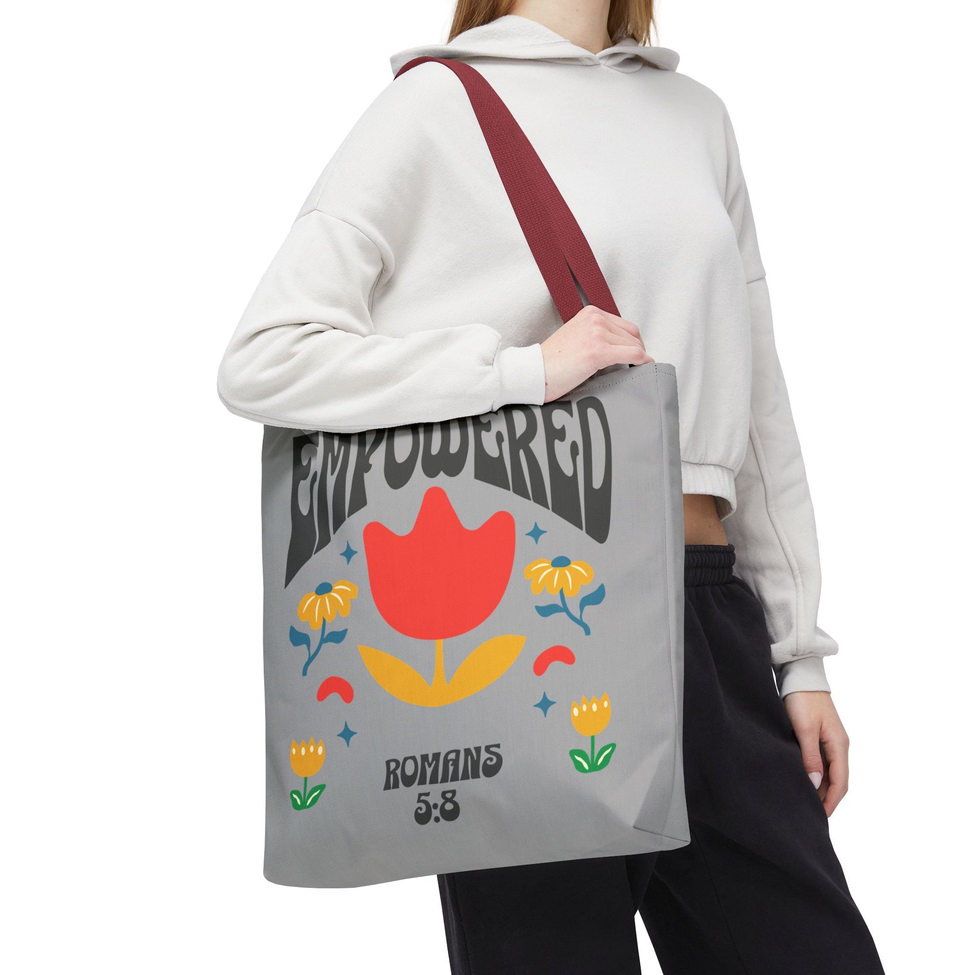 Empowered Floral Tote Bag | Inspirational Canvas Bag for Everyday | Romans 5:8 | Gift for Women, Motivational, Church, Travel