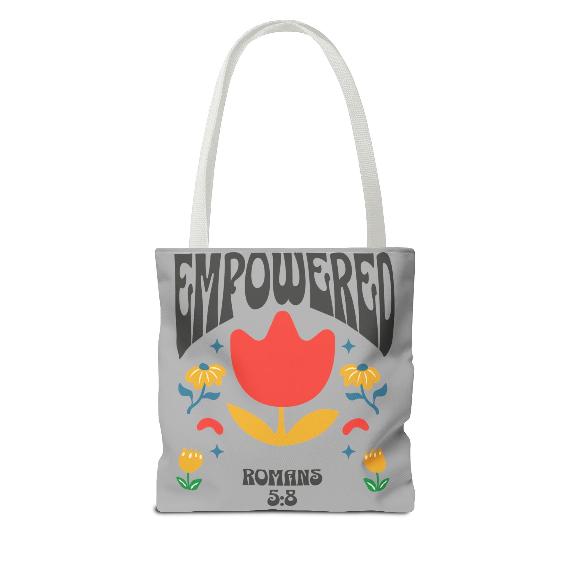 Empowered Floral Tote Bag | Inspirational Canvas Bag for Everyday | Romans 5:8 | Gift for Women, Motivational, Church, Travel