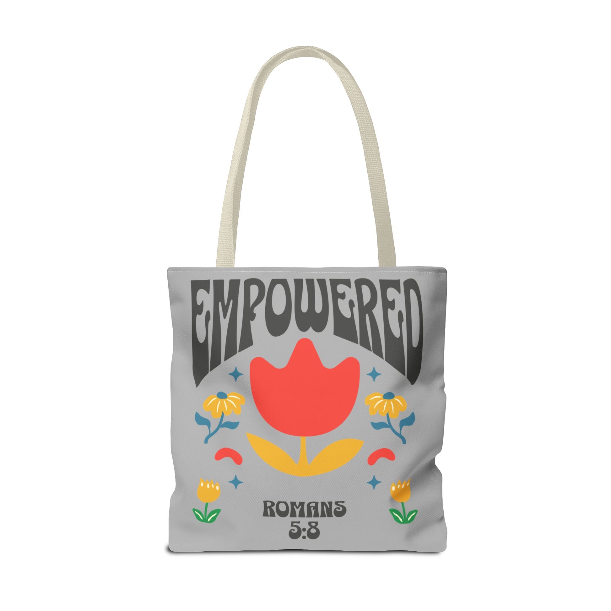 Empowered Floral Tote Bag | Inspirational Canvas Bag for Everyday | Romans 5:8 | Gift for Women, Motivational, Church, Travel