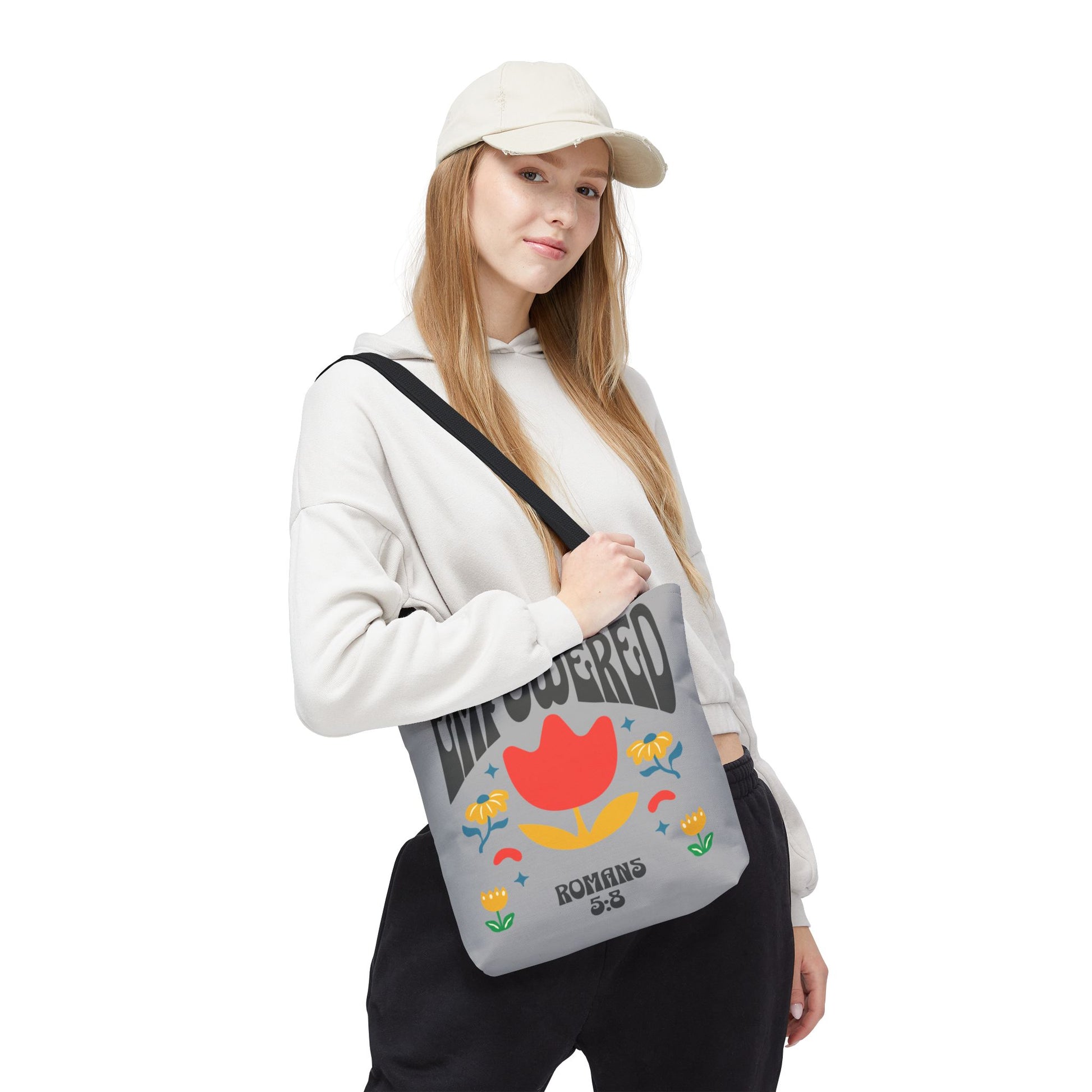 Empowered Floral Tote Bag | Inspirational Canvas Bag for Everyday | Romans 5:8 | Gift for Women, Motivational, Church, Travel