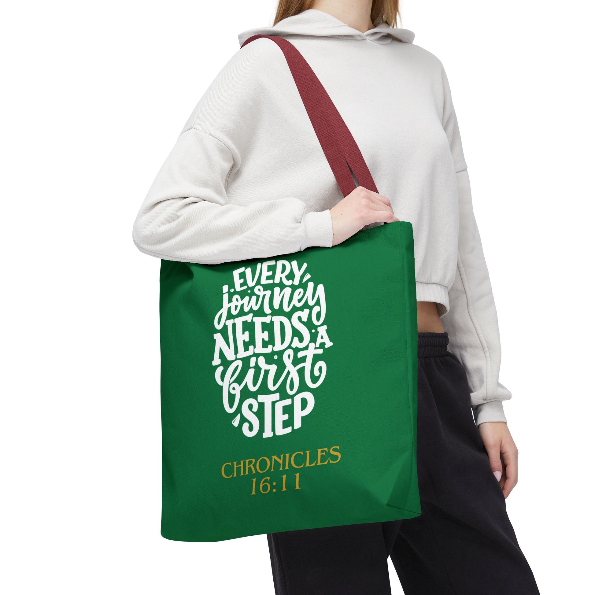 Inspirational Tote Bag - Every Journey Needs a First Step, Motivational Gift, Bible Verse, Green Tote, Everyday Use