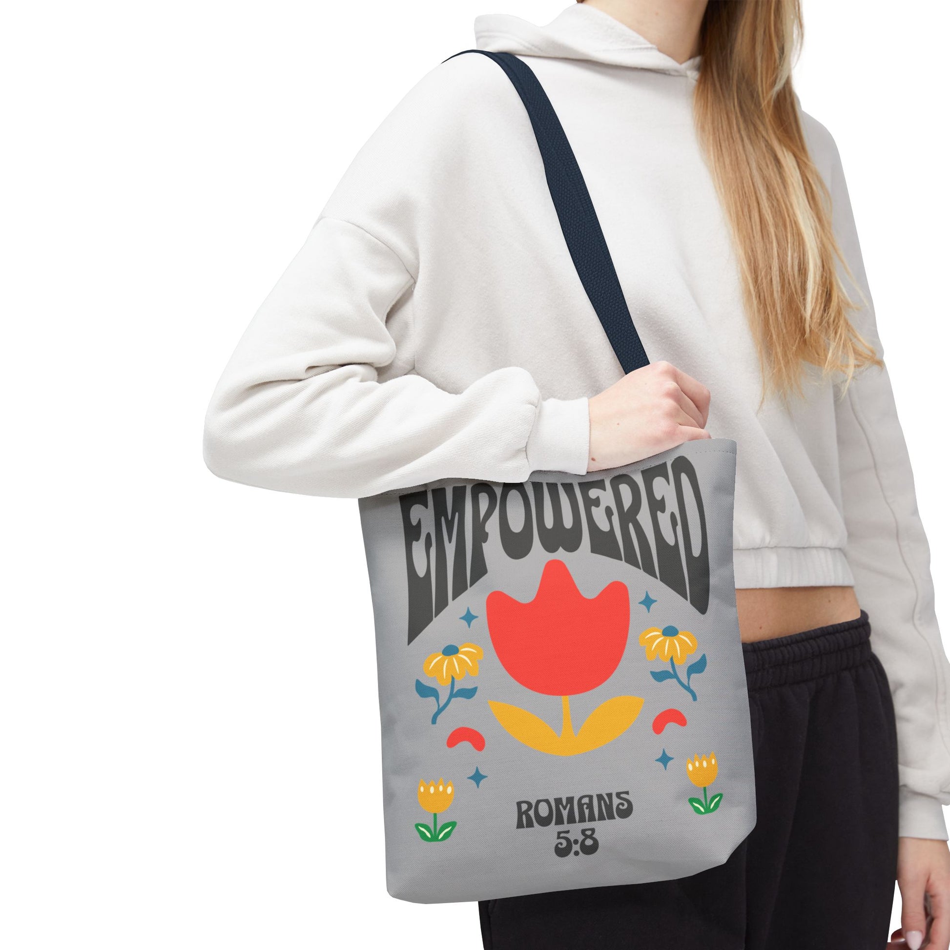 Empowered Floral Tote Bag | Inspirational Canvas Bag for Everyday | Romans 5:8 | Gift for Women, Motivational, Church, Travel