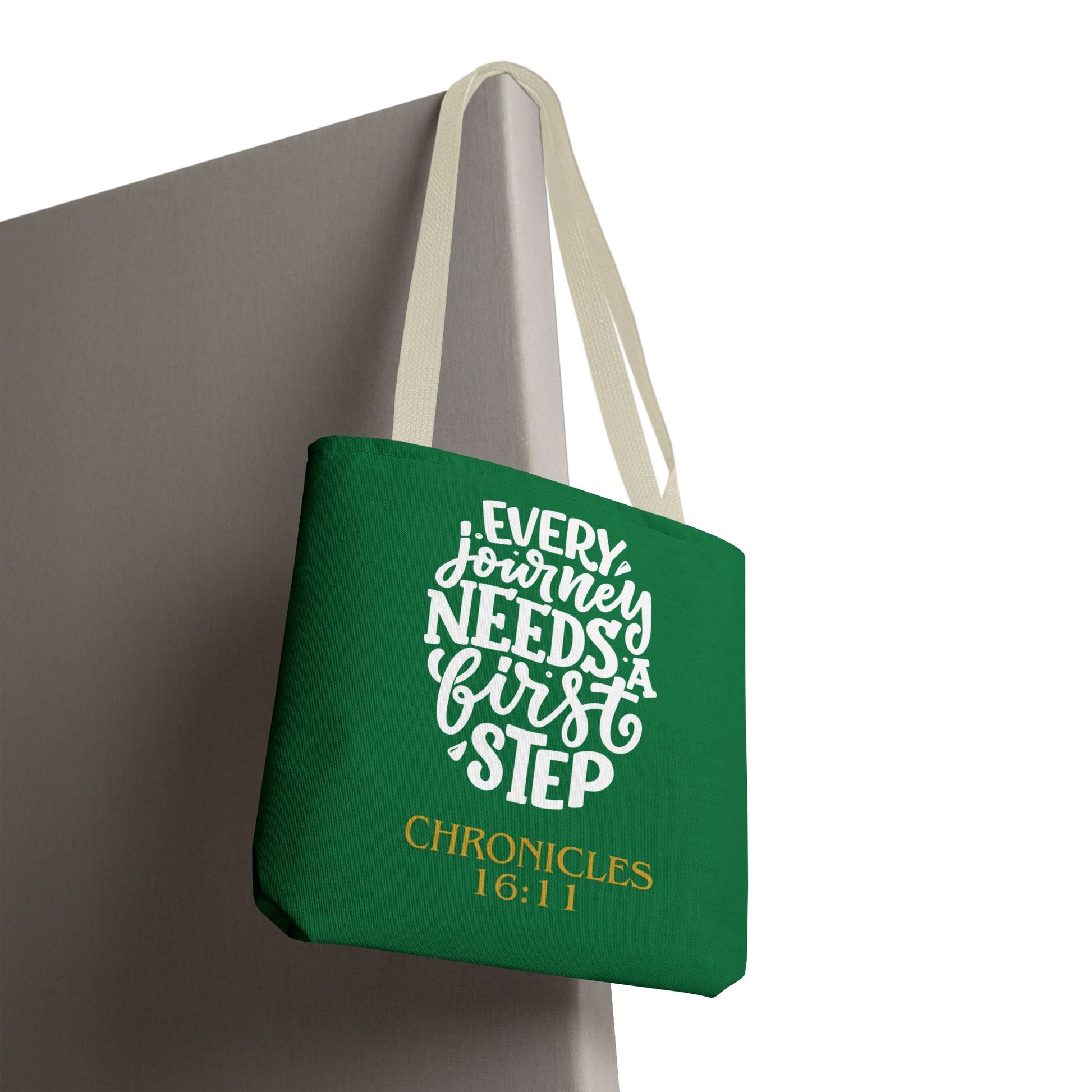 Inspirational Tote Bag - Every Journey Needs a First Step, Motivational Gift, Bible Verse, Green Tote, Everyday Use