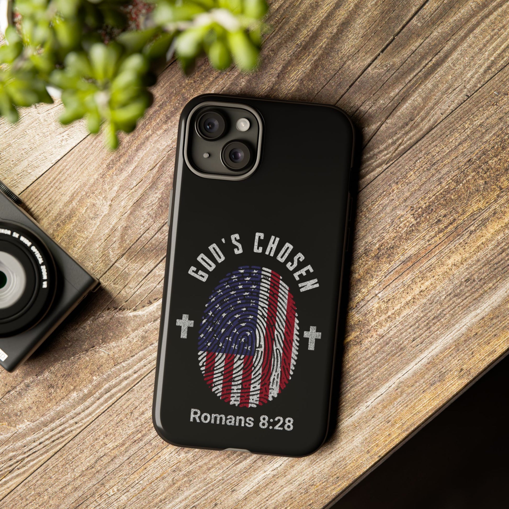 Christian Phone Case, Tough Cases for God’s Chosen, USA Flag Design, Inspirational Gift, Romans 8:28