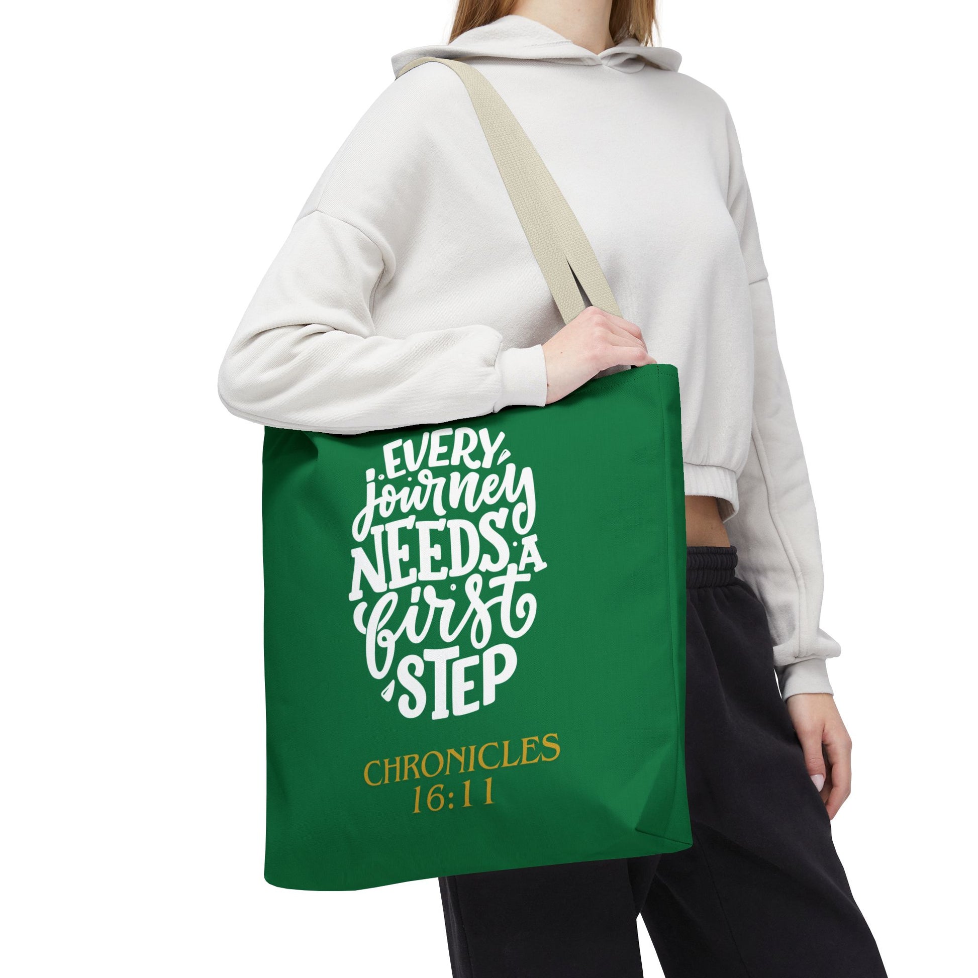 Inspirational Tote Bag - Every Journey Needs a First Step, Motivational Gift, Bible Verse, Green Tote, Everyday Use