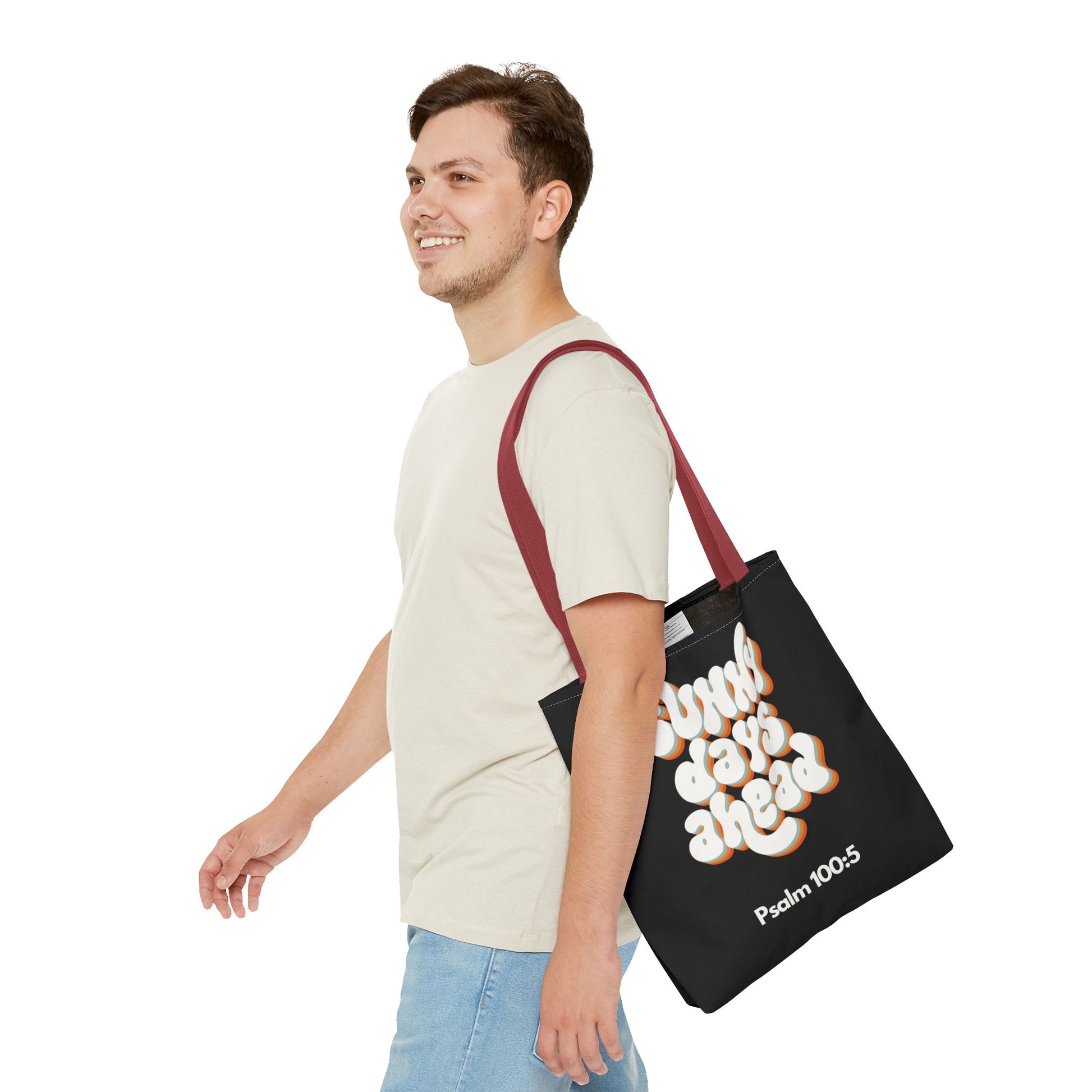 Sunny Days Ahead Tote Bag | Inspirational Tote for Everyday Use, Gift for Friends, Bible Verse Bag, Stylish Black Tote, Psalm 100:5