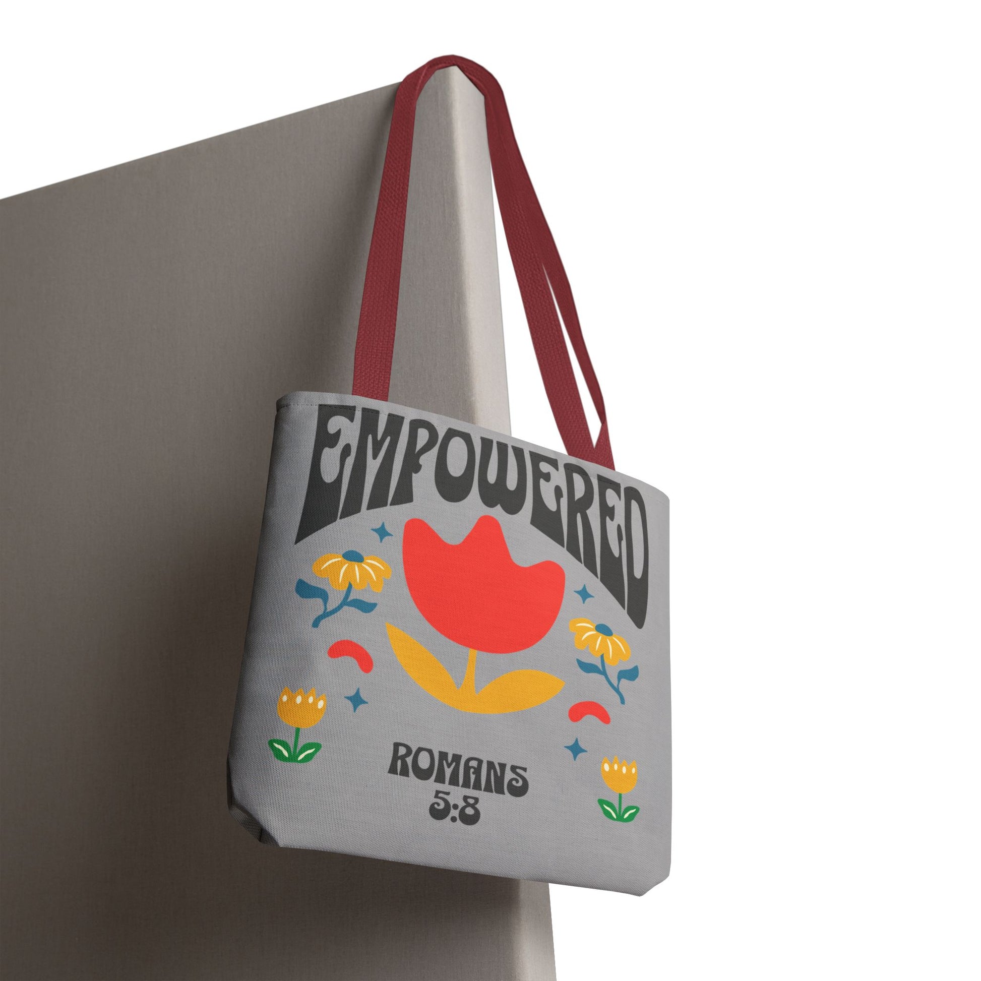Empowered Floral Tote Bag | Inspirational Canvas Bag for Everyday | Romans 5:8 | Gift for Women, Motivational, Church, Travel