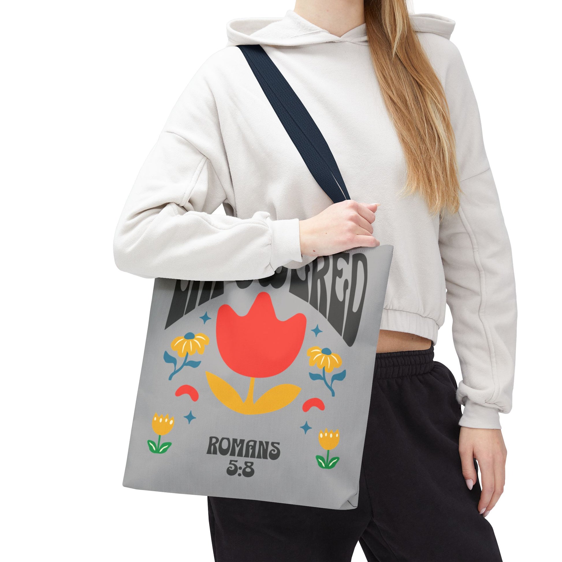 Empowered Floral Tote Bag | Inspirational Canvas Bag for Everyday | Romans 5:8 | Gift for Women, Motivational, Church, Travel