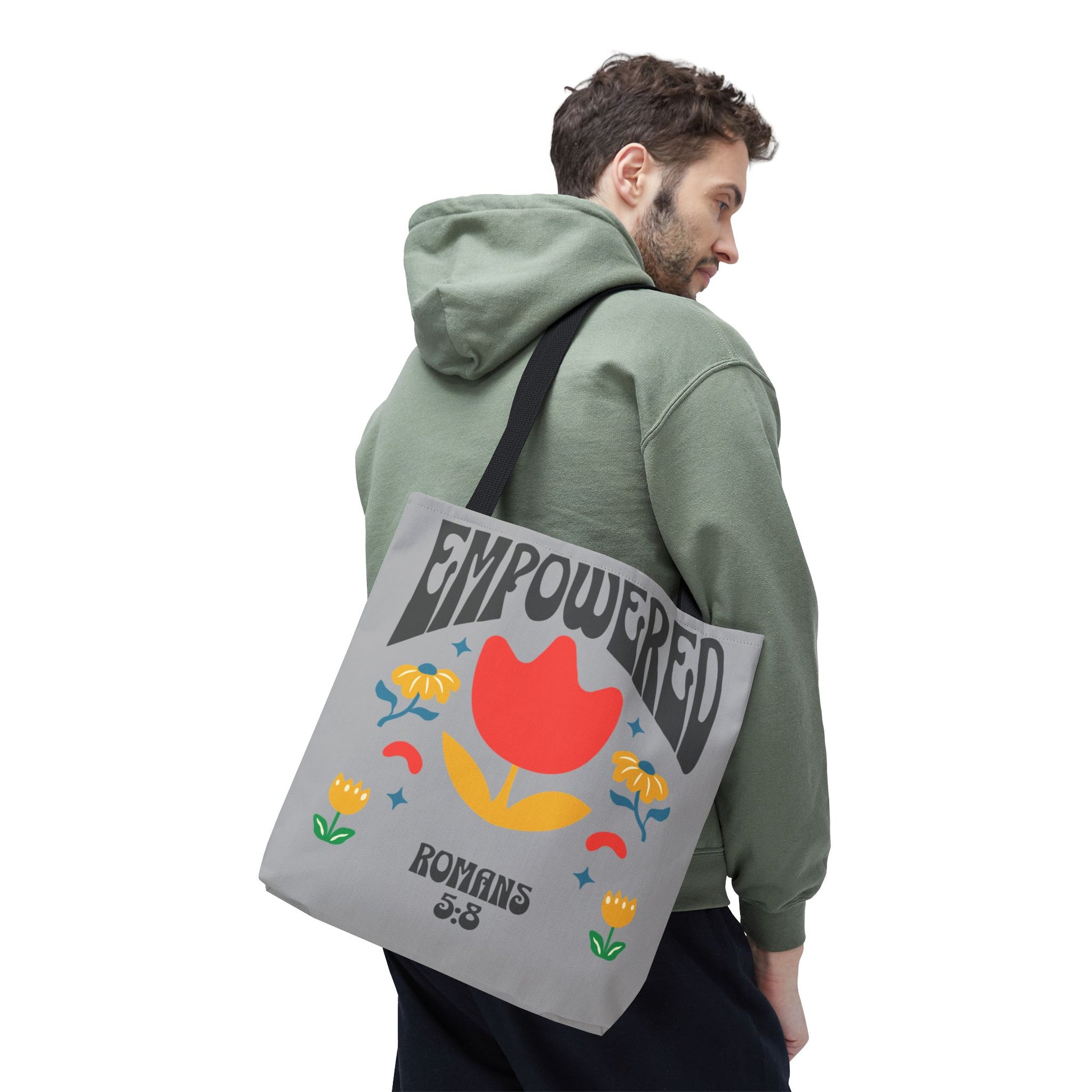 Empowered Floral Tote Bag | Inspirational Canvas Bag for Everyday | Romans 5:8 | Gift for Women, Motivational, Church, Travel