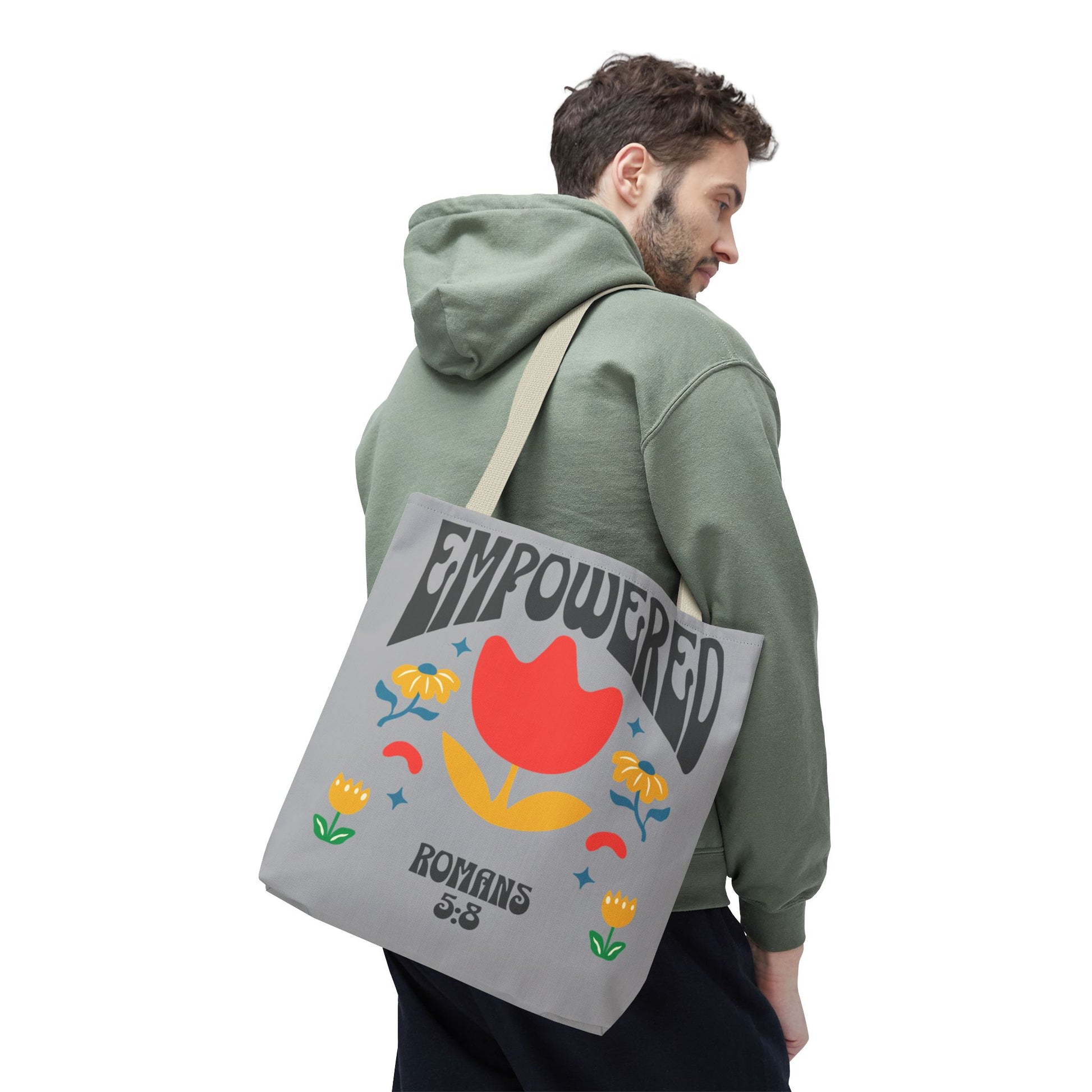 Empowered Floral Tote Bag | Inspirational Canvas Bag for Everyday | Romans 5:8 | Gift for Women, Motivational, Church, Travel