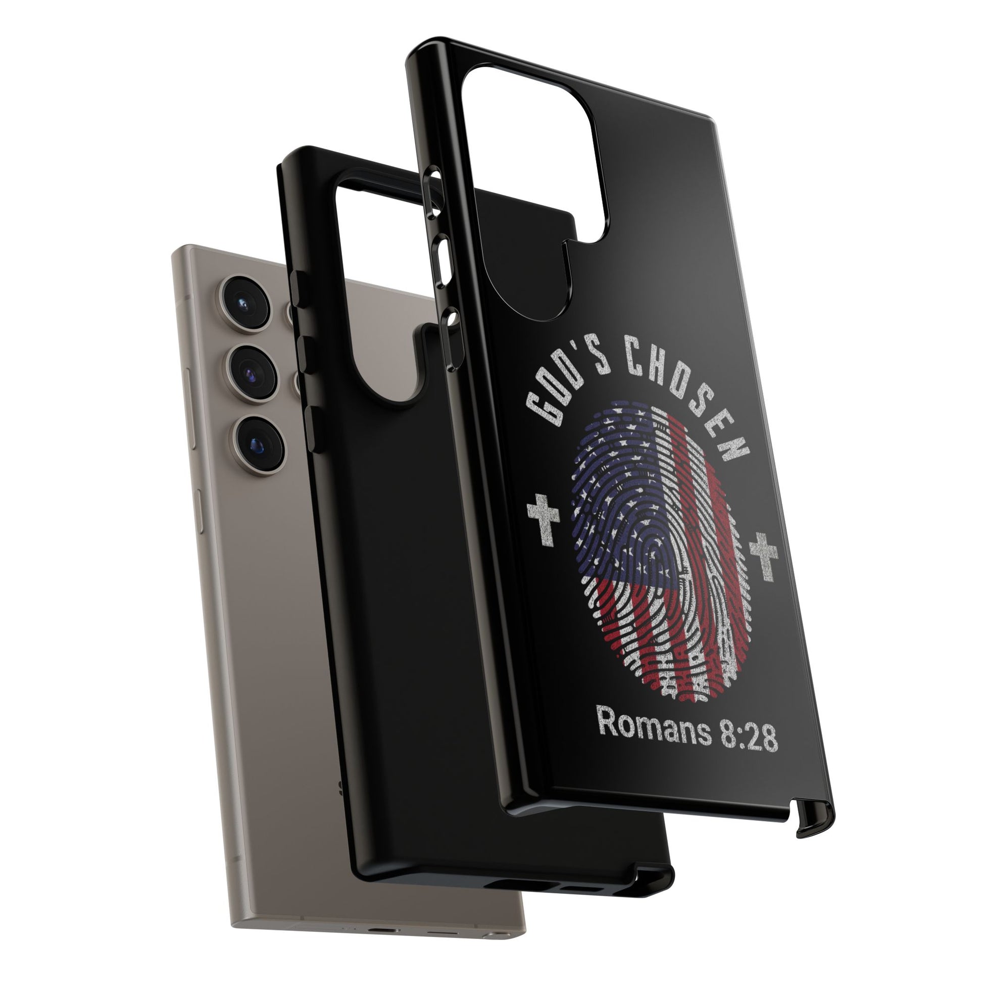 Christian Phone Case, Tough Cases for God’s Chosen, USA Flag Design, Inspirational Gift, Romans 8:28
