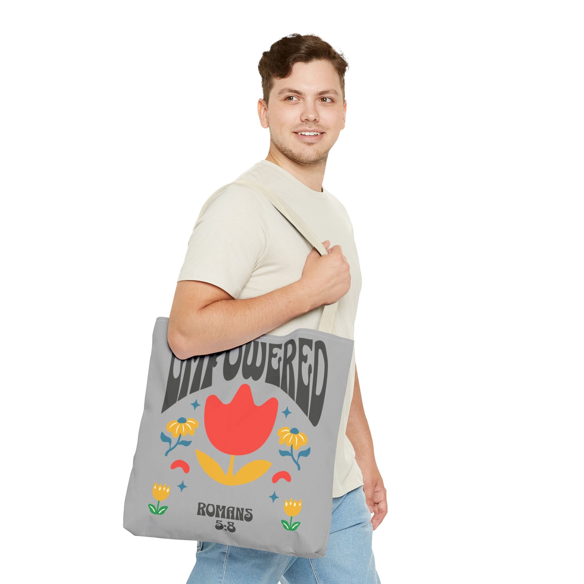 Empowered Floral Tote Bag | Inspirational Canvas Bag for Everyday | Romans 5:8 | Gift for Women, Motivational, Church, Travel