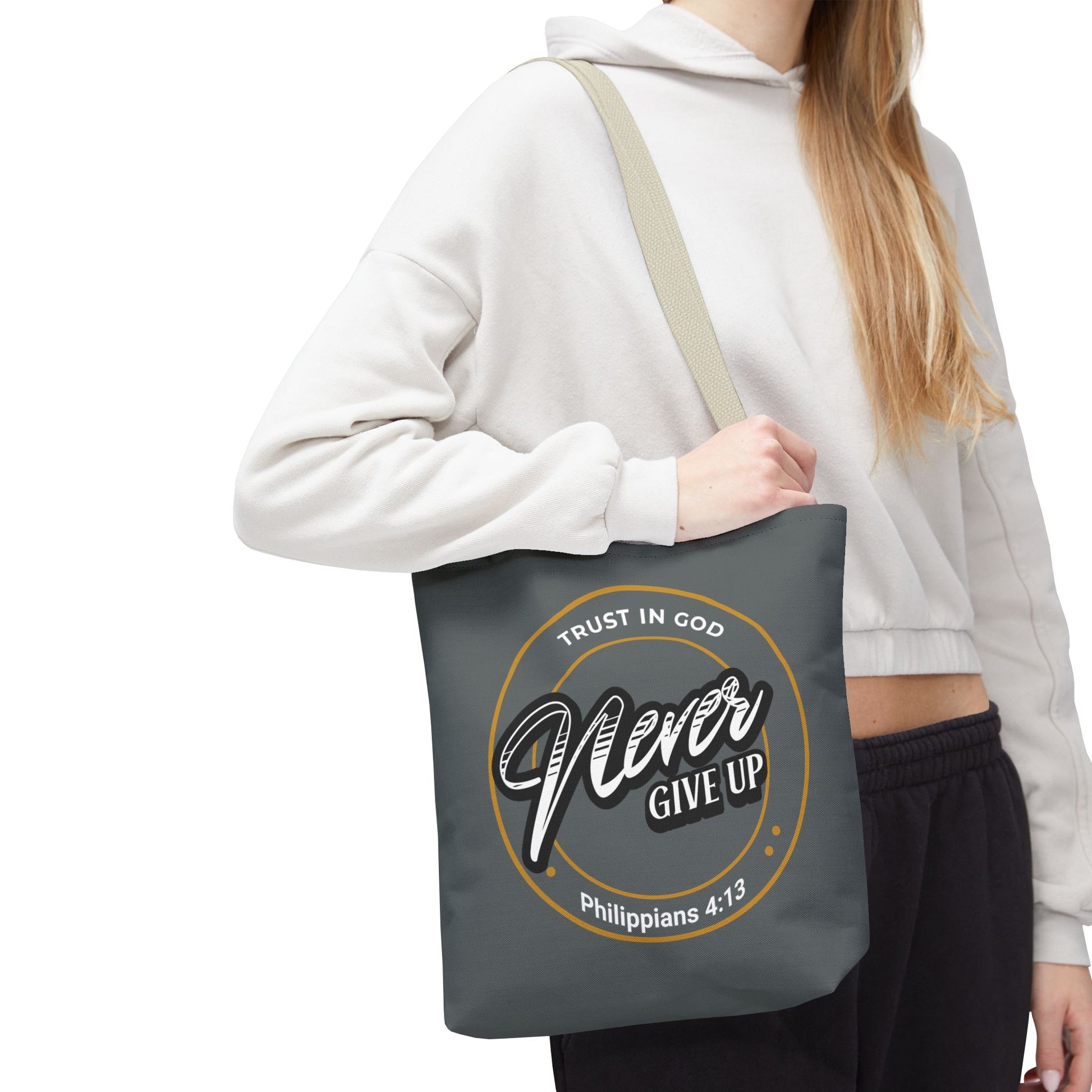 Inspirational Tote Bag, Trust in God, Never Give Up, Bible Verse Bag, Motivational Purse, Christian Gift, Philippians 4:13