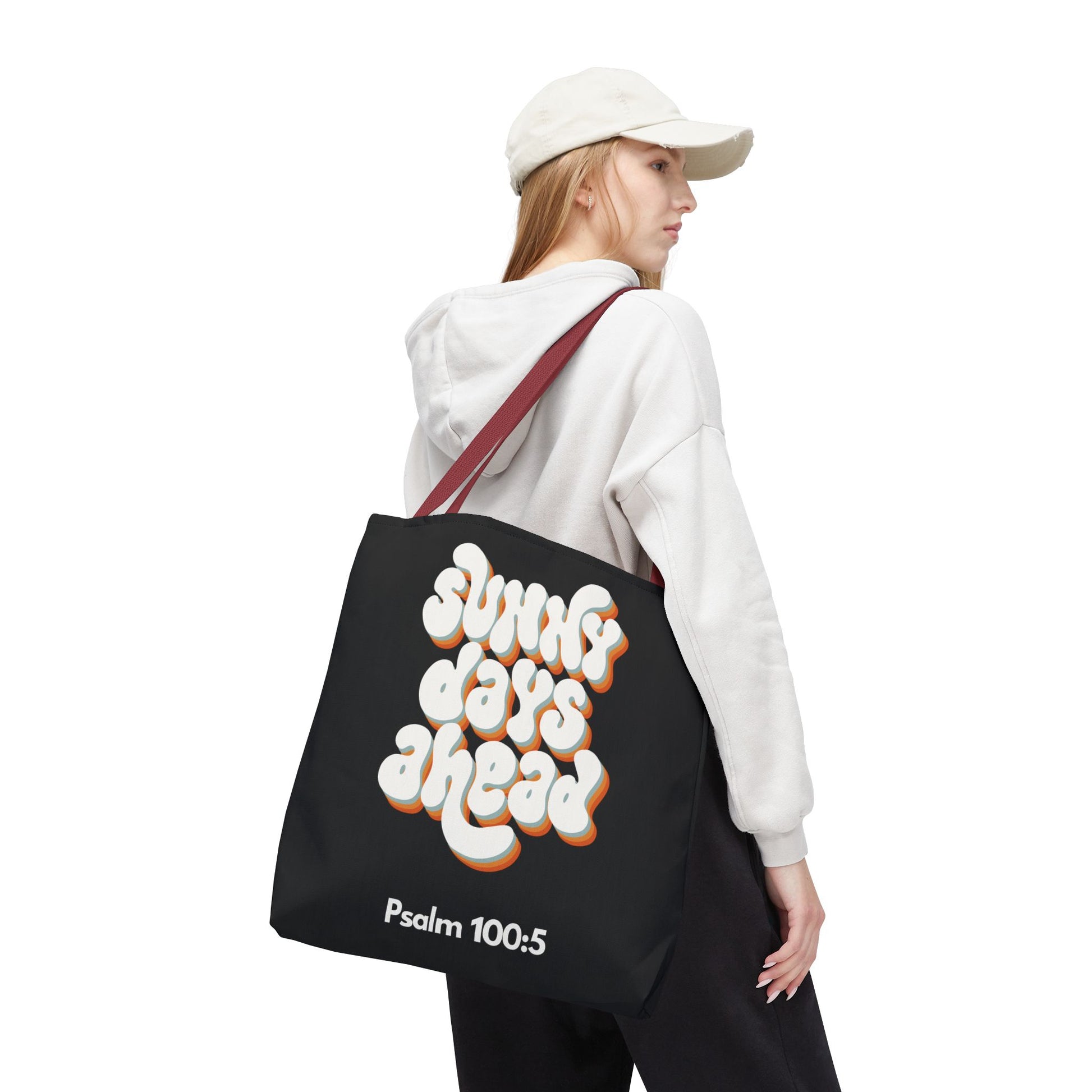 Sunny Days Ahead Tote Bag | Inspirational Tote for Everyday Use, Gift for Friends, Bible Verse Bag, Stylish Black Tote, Psalm 100:5