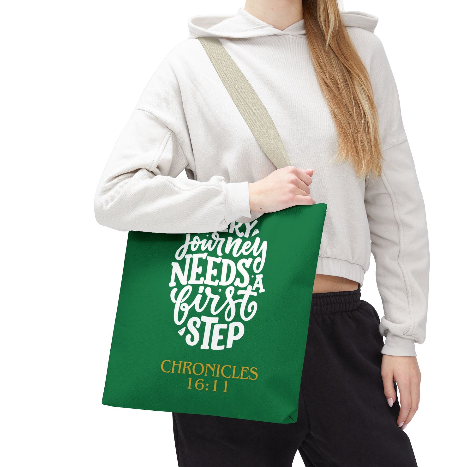 Inspirational Tote Bag - Every Journey Needs a First Step, Motivational Gift, Bible Verse, Green Tote, Everyday Use