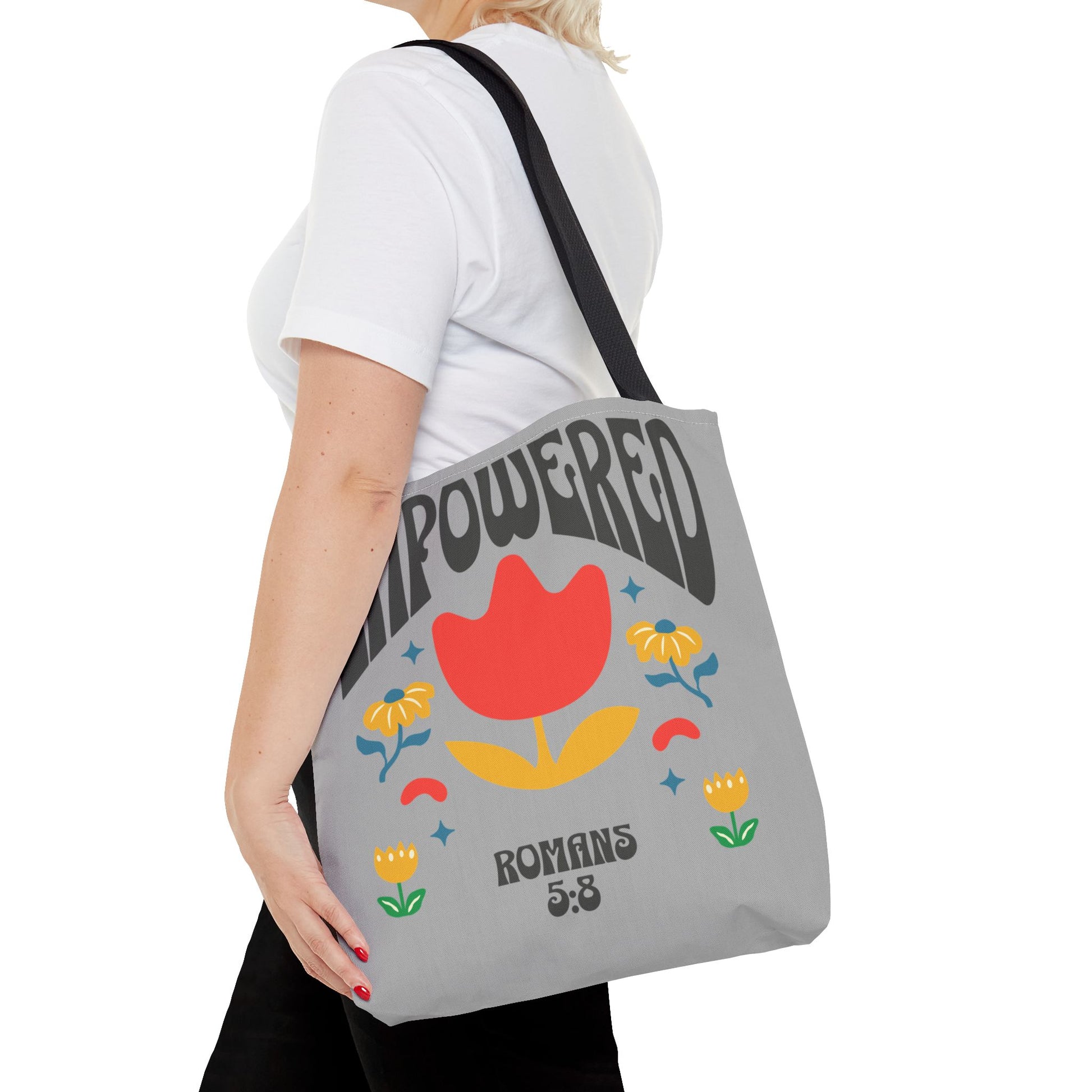 Empowered Floral Tote Bag | Inspirational Canvas Bag for Everyday | Romans 5:8 | Gift for Women, Motivational, Church, Travel