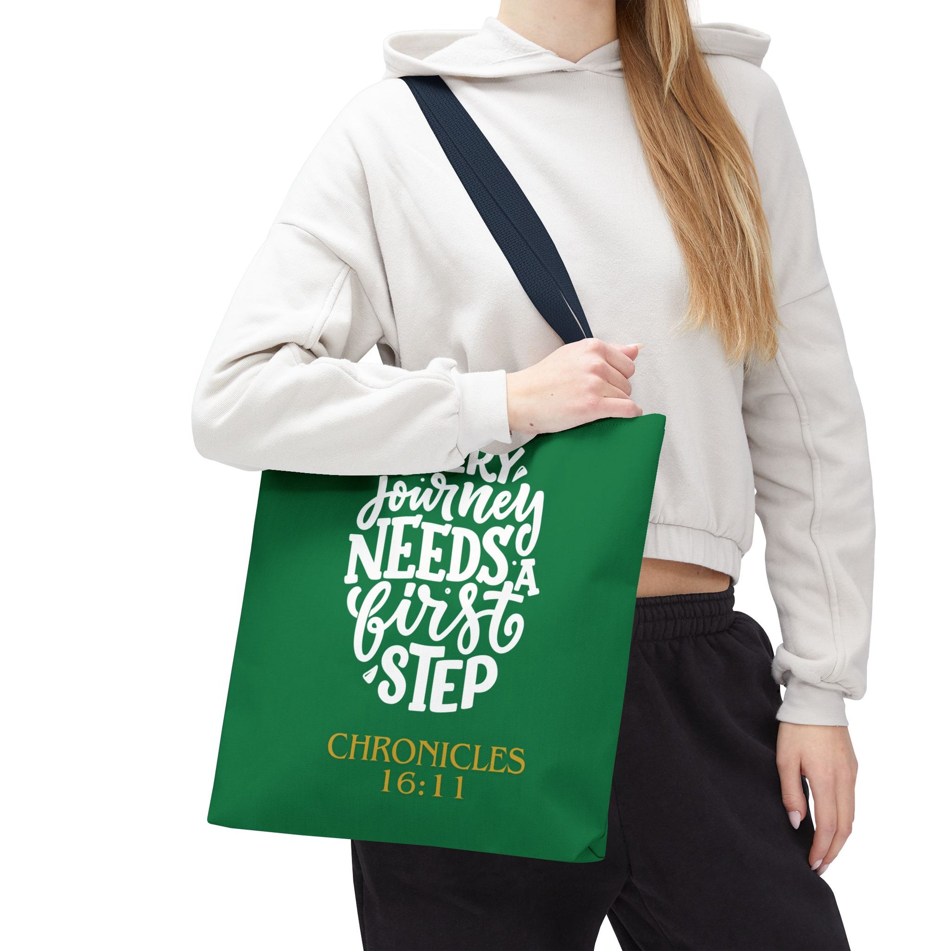 Inspirational Tote Bag - Every Journey Needs a First Step, Motivational Gift, Bible Verse, Green Tote, Everyday Use