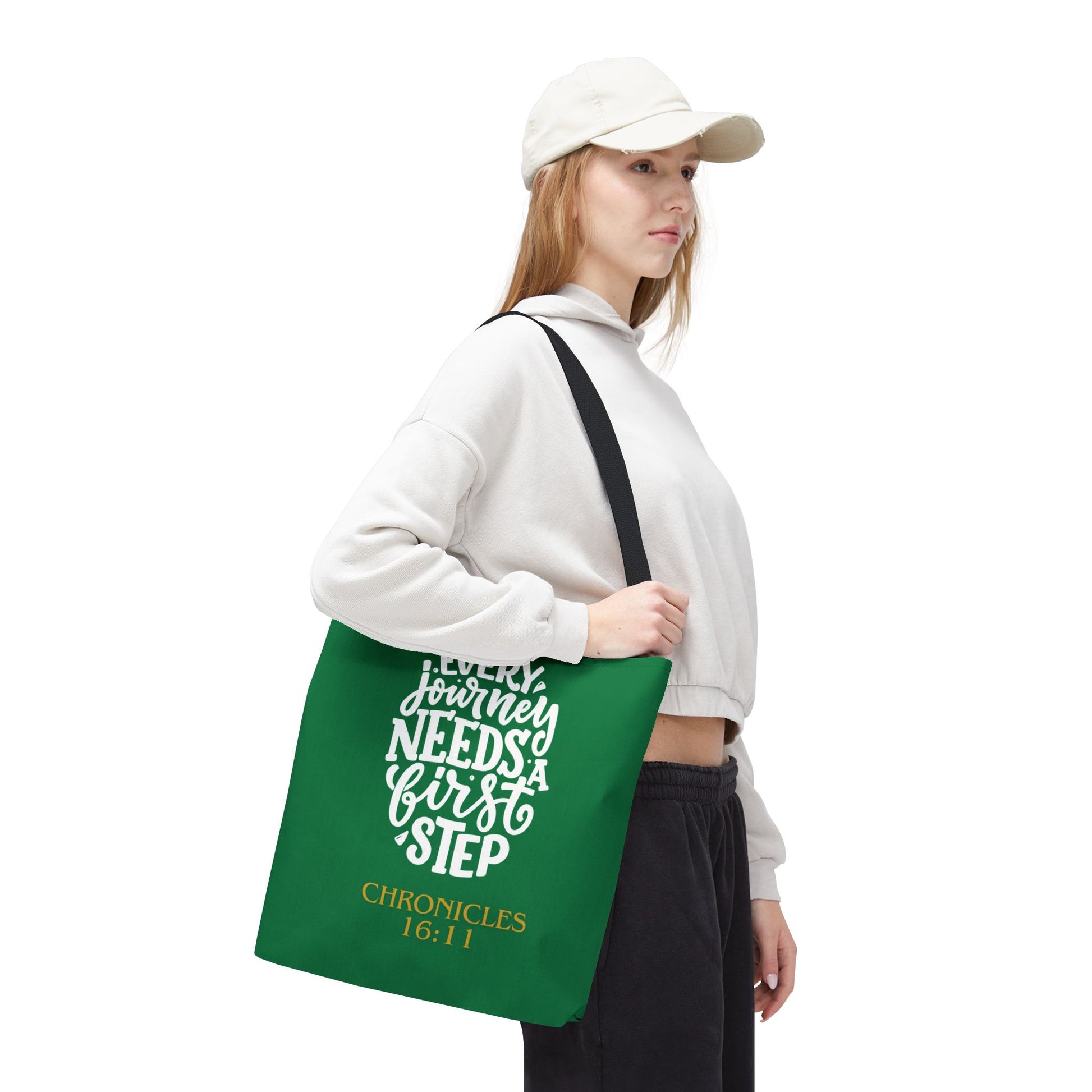 Inspirational Tote Bag - Every Journey Needs a First Step, Motivational Gift, Bible Verse, Green Tote, Everyday Use