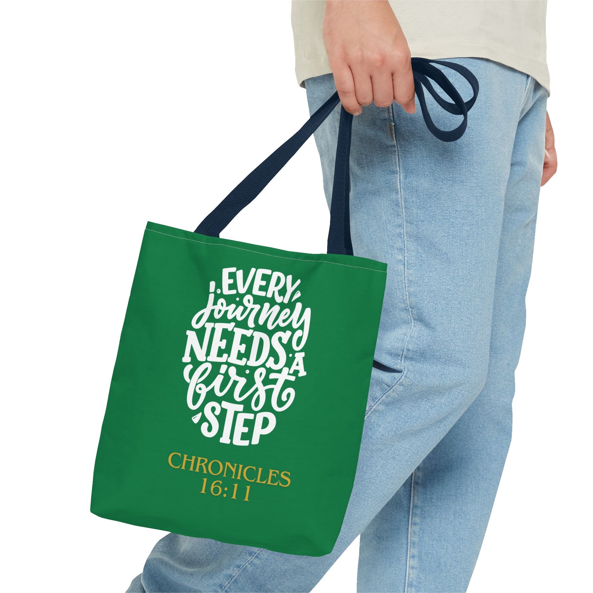 Inspirational Tote Bag - Every Journey Needs a First Step, Motivational Gift, Bible Verse, Green Tote, Everyday Use