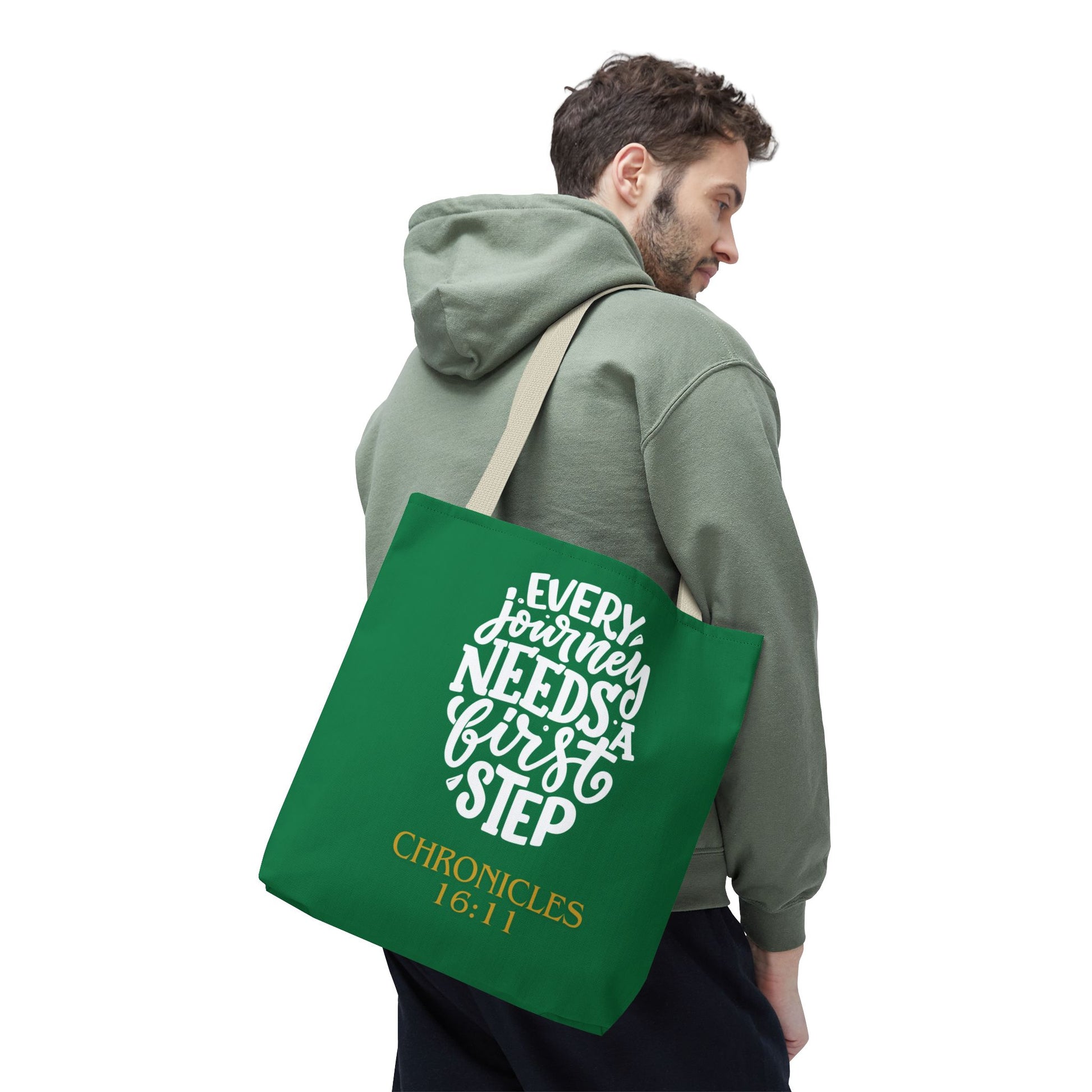 Inspirational Tote Bag - Every Journey Needs a First Step, Motivational Gift, Bible Verse, Green Tote, Everyday Use