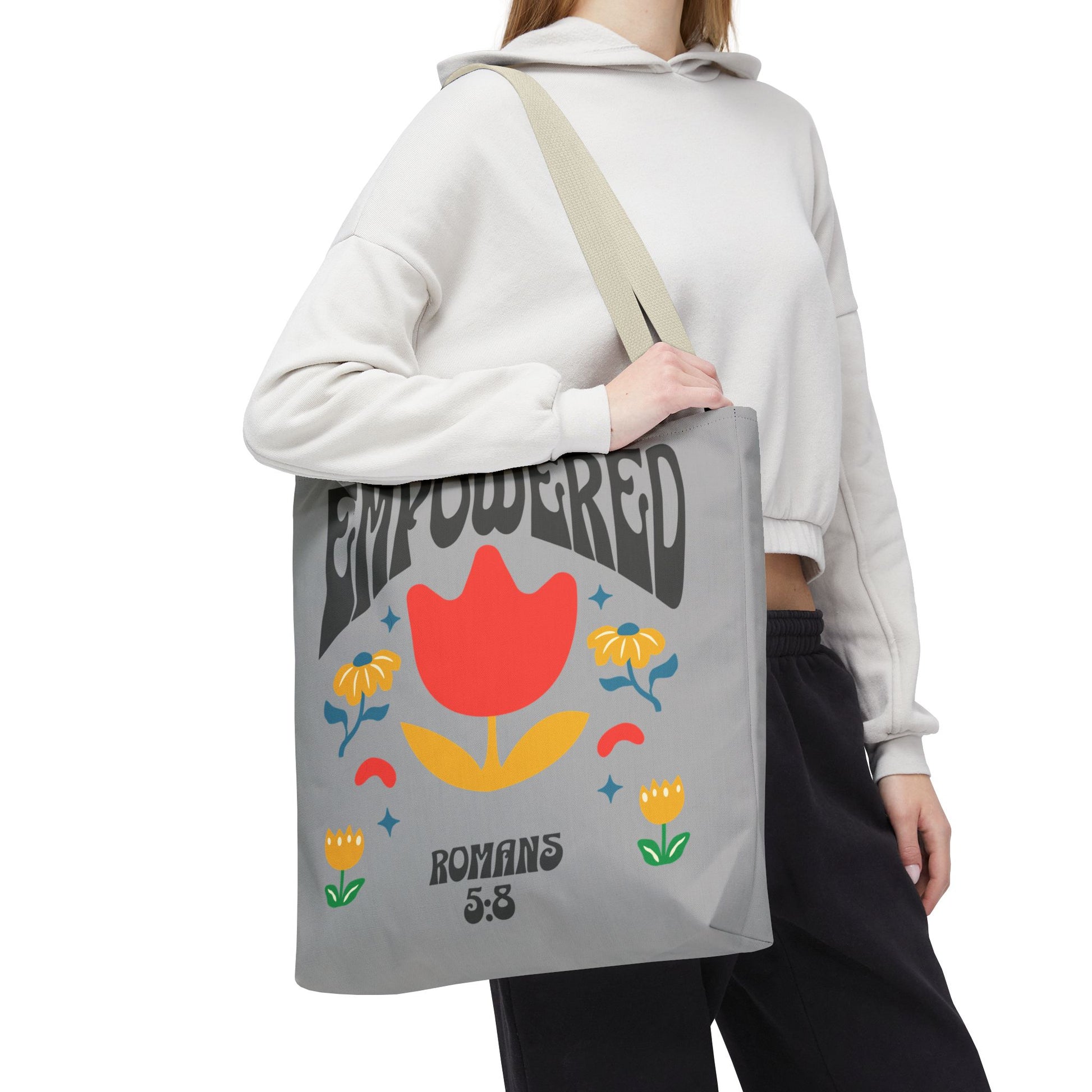 Empowered Floral Tote Bag | Inspirational Canvas Bag for Everyday | Romans 5:8 | Gift for Women, Motivational, Church, Travel