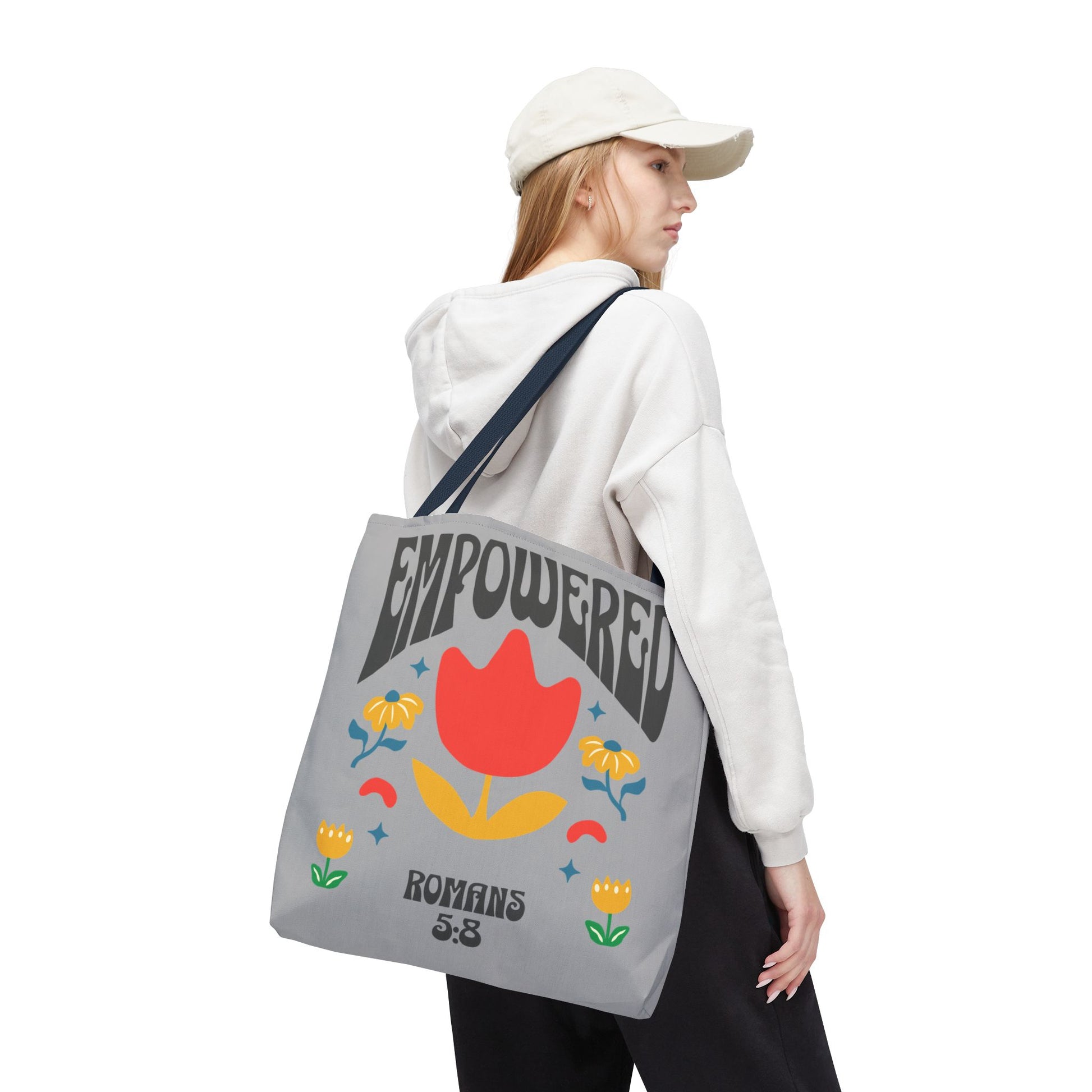 Empowered Floral Tote Bag | Inspirational Canvas Bag for Everyday | Romans 5:8 | Gift for Women, Motivational, Church, Travel